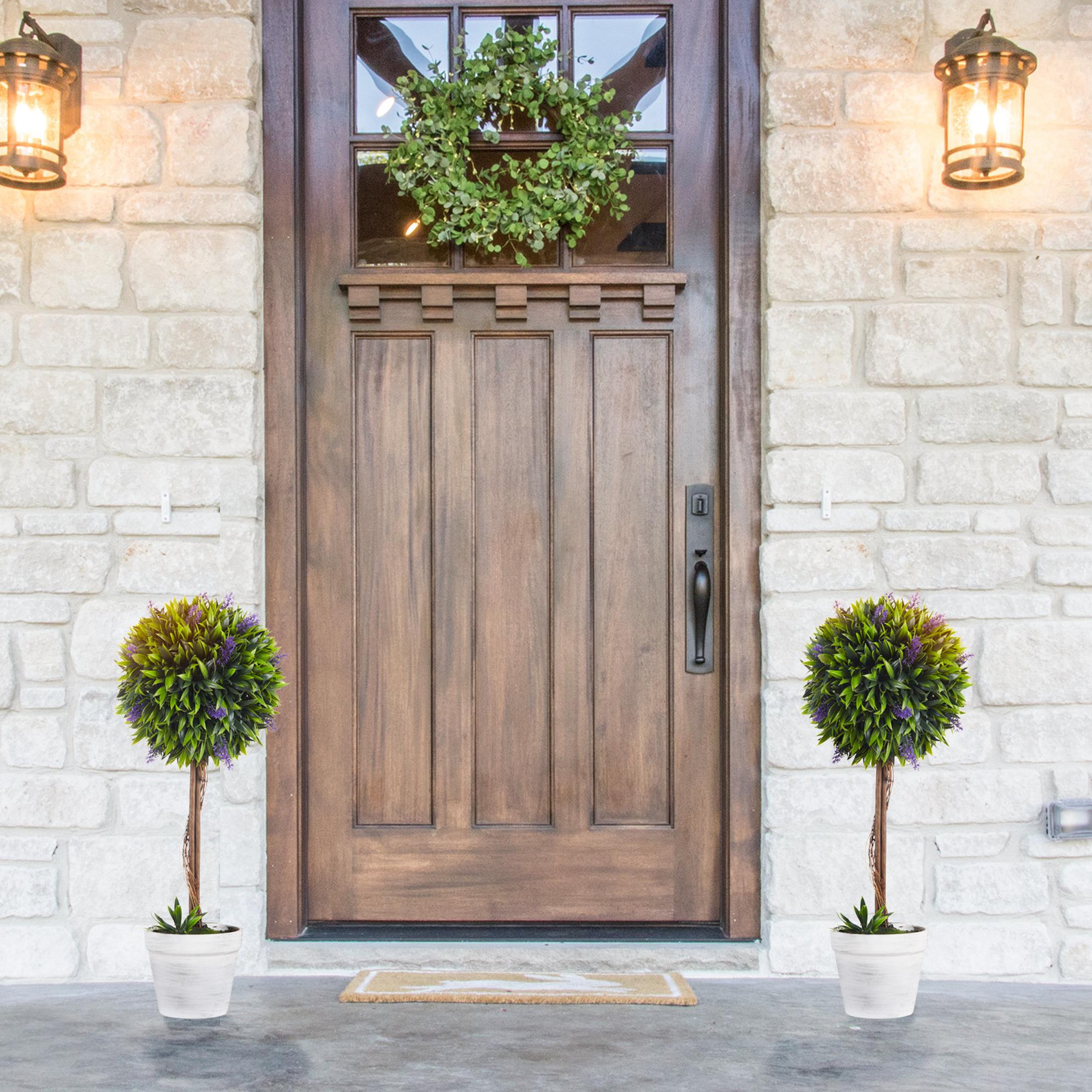 Voir la diapositive 4 : HOMCOM Lot de 2 plantes artificielles avec fleurs de lavande arbre artificiel tronc et pot inclus - hauteur 60 cm intérieur et extérieur vert