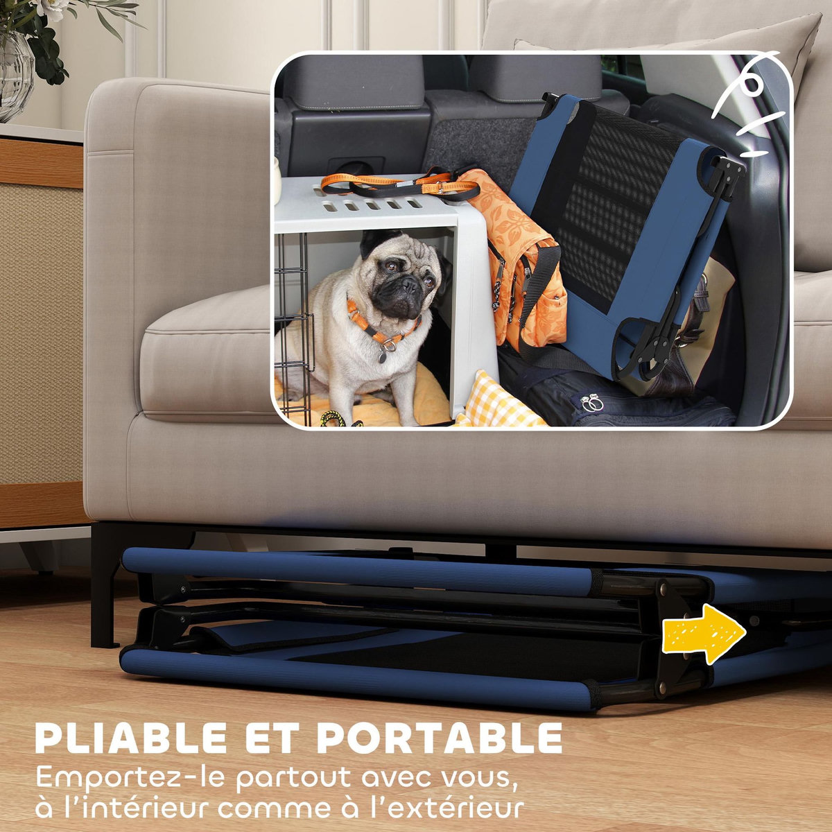 PAWHUT Transat pour animaux pliable - lit pour chien - lit à pieds pour chien dim. 107 x 61 x 20 cm - bleu