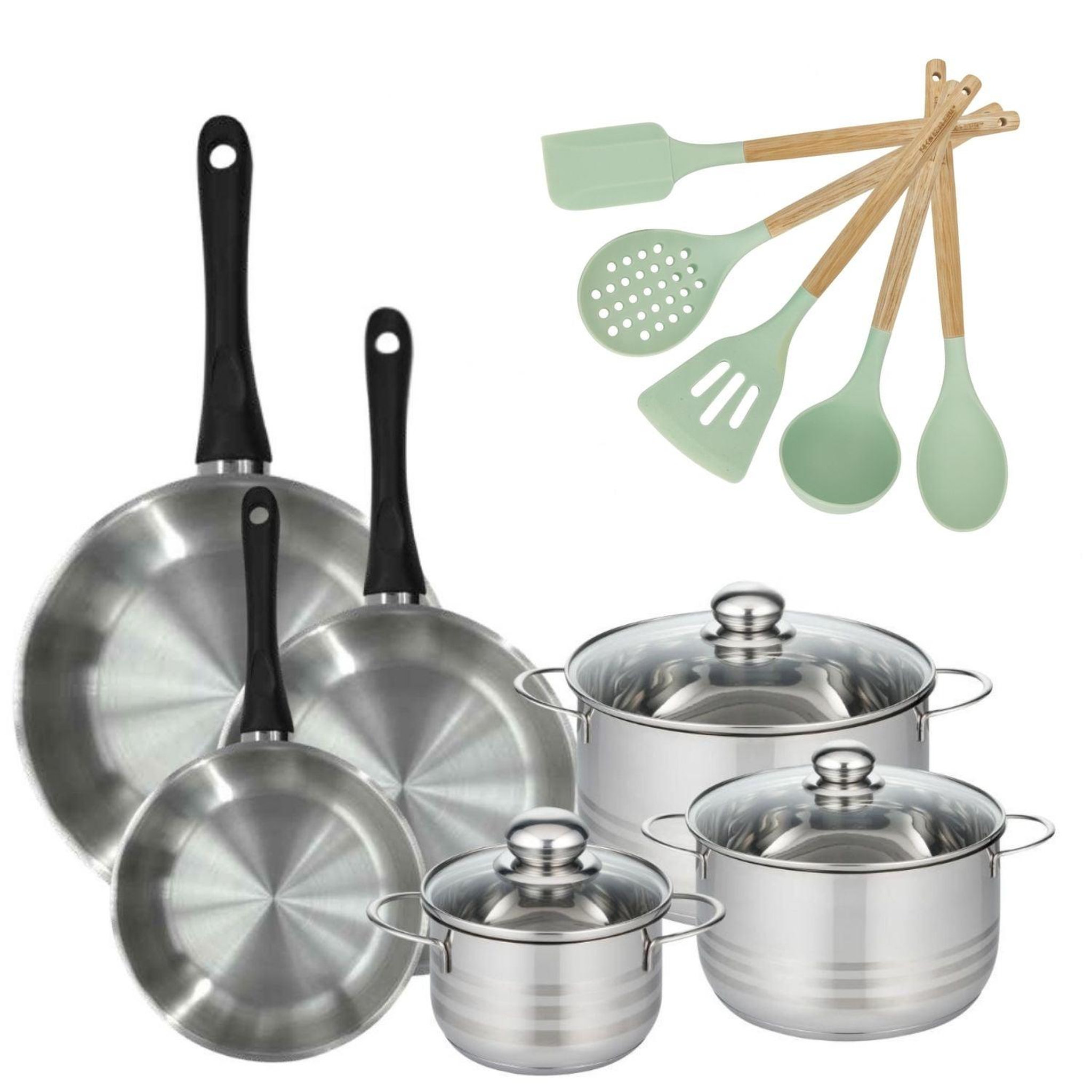 Fackelmann Batterie de cuisine avec 3 faitouts 16/20/24 cm et 3 poêles 20/24/28 cm avec 5 ustensiles de cuisine fackelmann généva brillant ocean