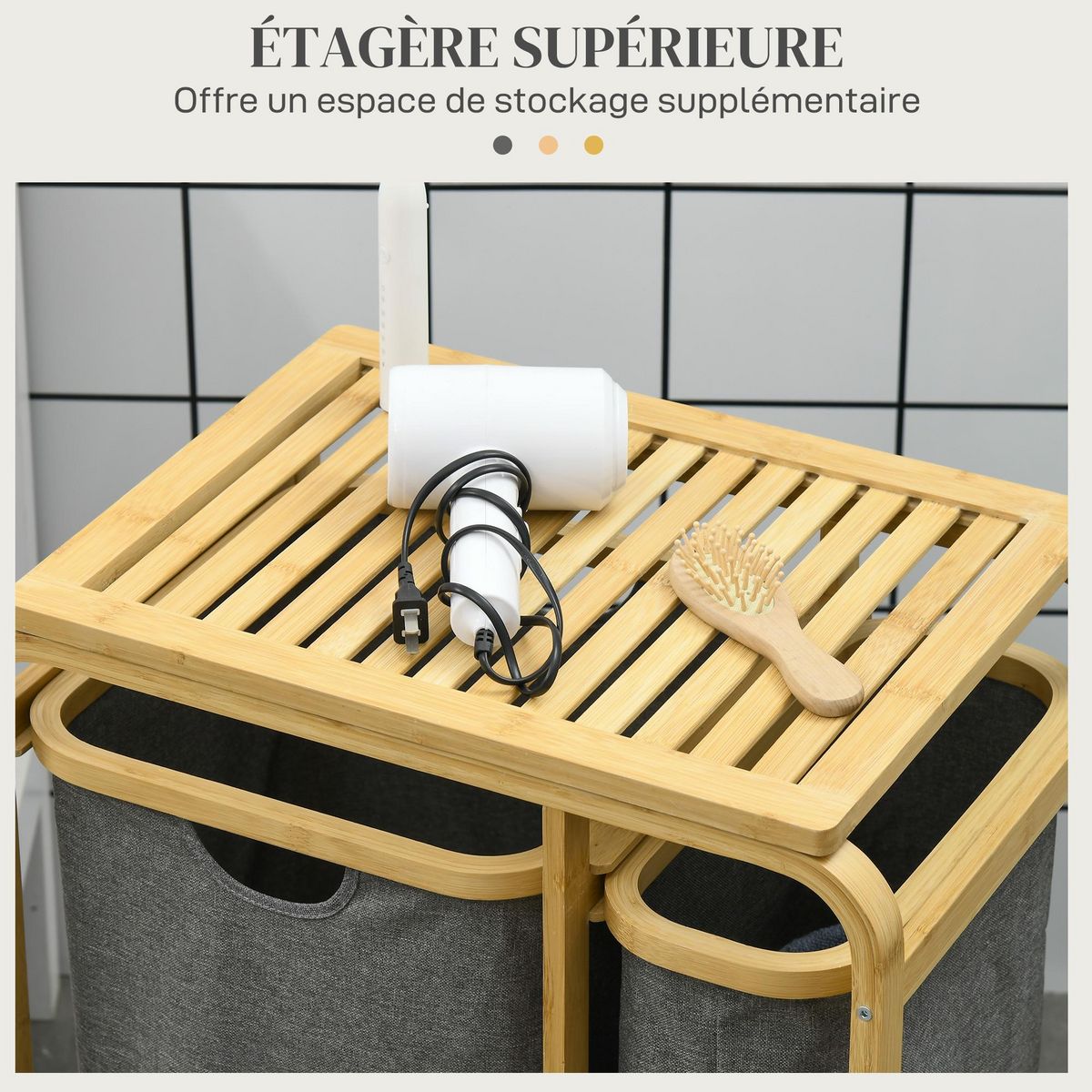 HOMCOM Panier à linge corbeille à linge bac linge sale 3 paniers amovibles bambou non-tissé gris