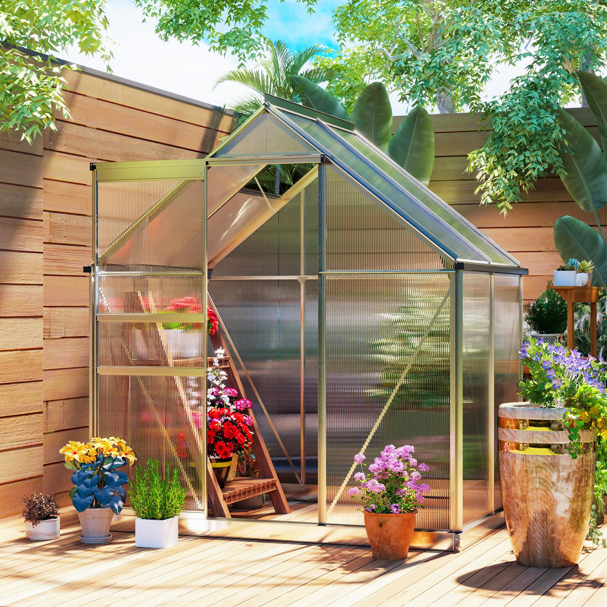Voir la diapositive 2 : OUTSUNNY Serre de jardin aluminium polycarbonate 2,5 m² dim. 1,92L x 1,31l x 2H m lucarne réglable fondation porte coulissante
