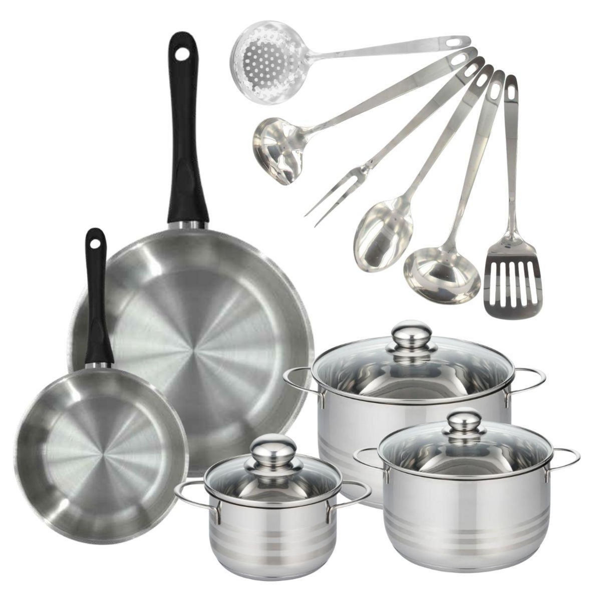 Fackelmann Set 2 poêles 20 28 cm, 3 faitouts 16, 20 et 24 cm en inox et 6 ustensiles inox Fackelmann Geneva