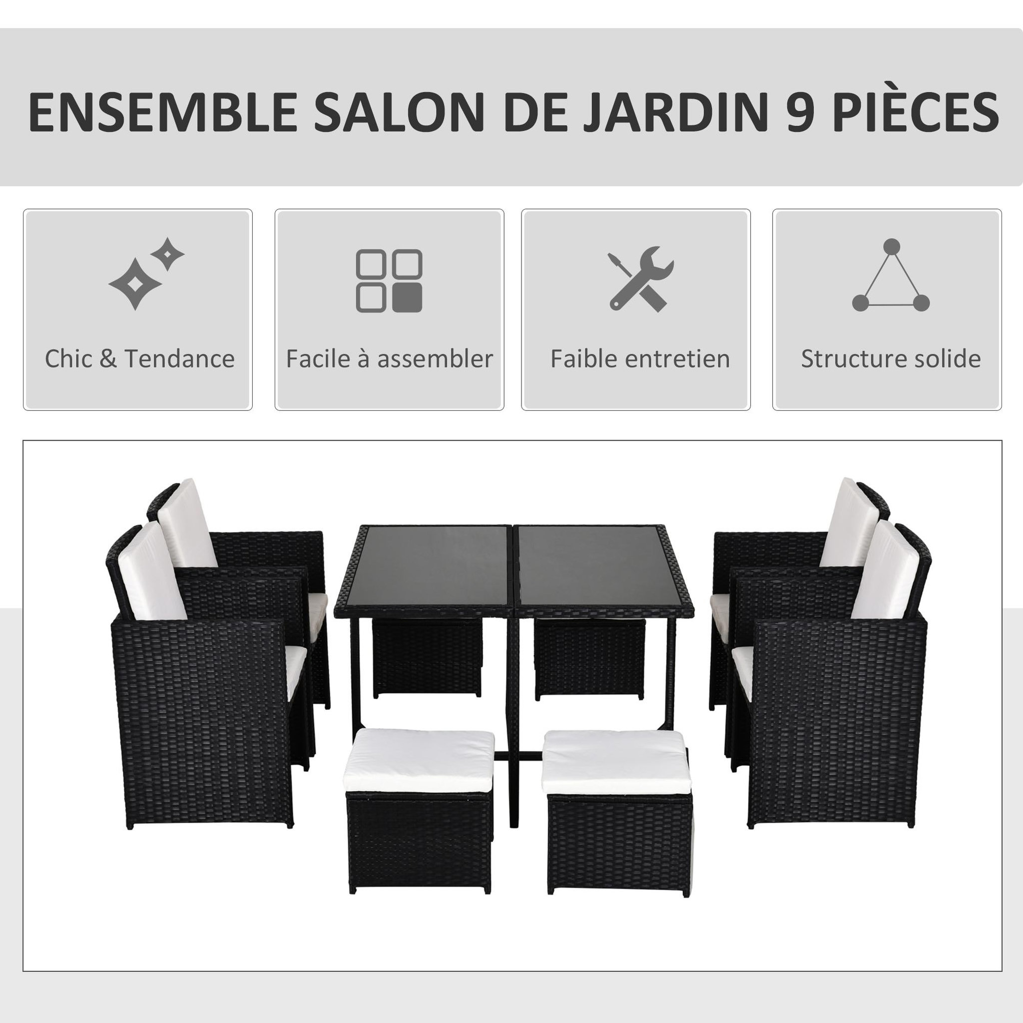 Voir la diapositive 4 : OUTSUNNY Ensemble salon de jardin encastrable 8 personnes 9 pièces résine tressée 4 fils imitation rotin noir coussins déhoussables crème
