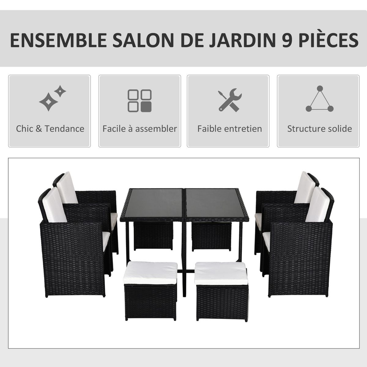 OUTSUNNY Ensemble salon de jardin encastrable 8 personnes 9 pièces résine tressée 4 fils imitation rotin noir coussins déhoussables crème