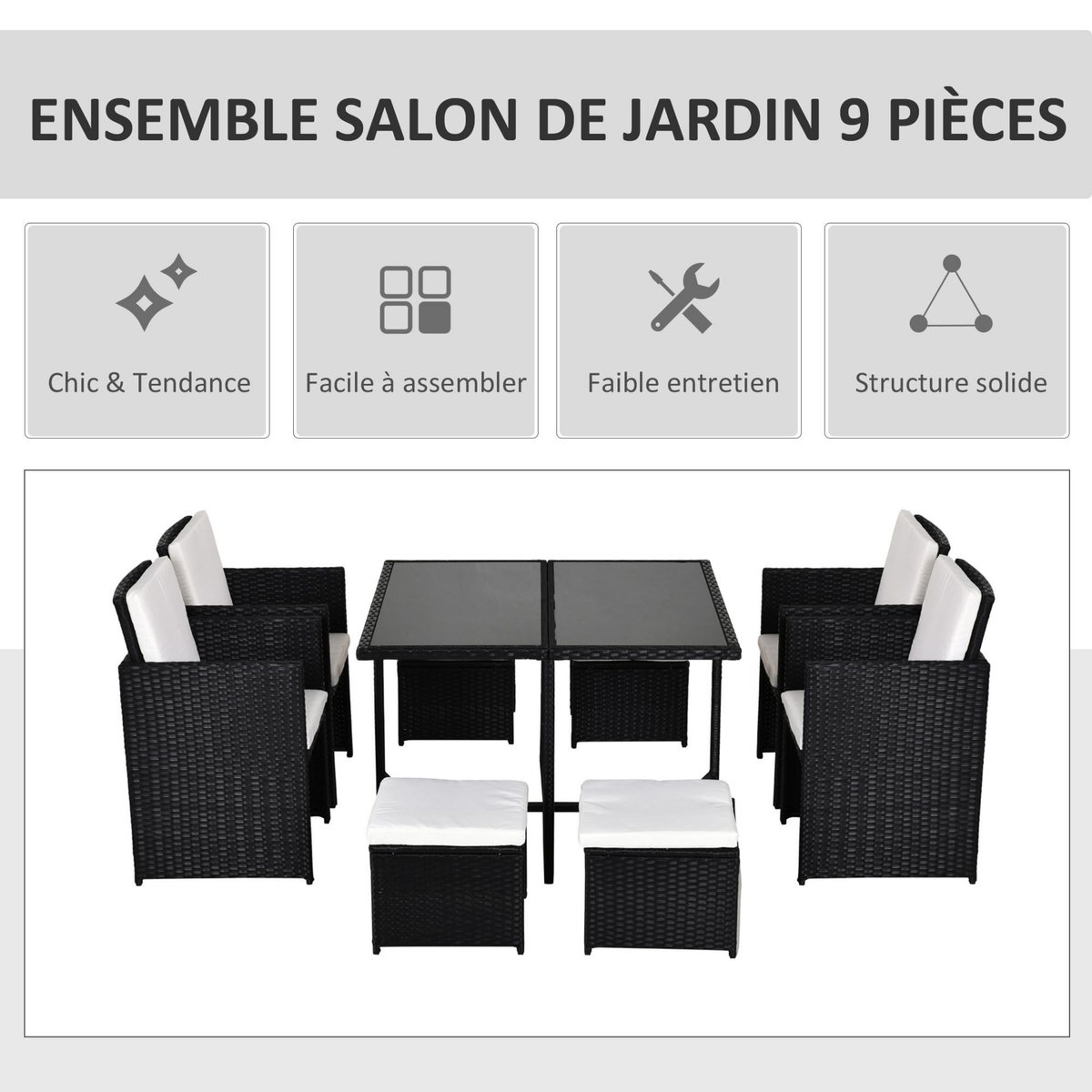 OUTSUNNY Ensemble salon de jardin encastrable 8 personnes 9 pièces résine tressée 4 fils imitation rotin noir coussins déhoussables crème