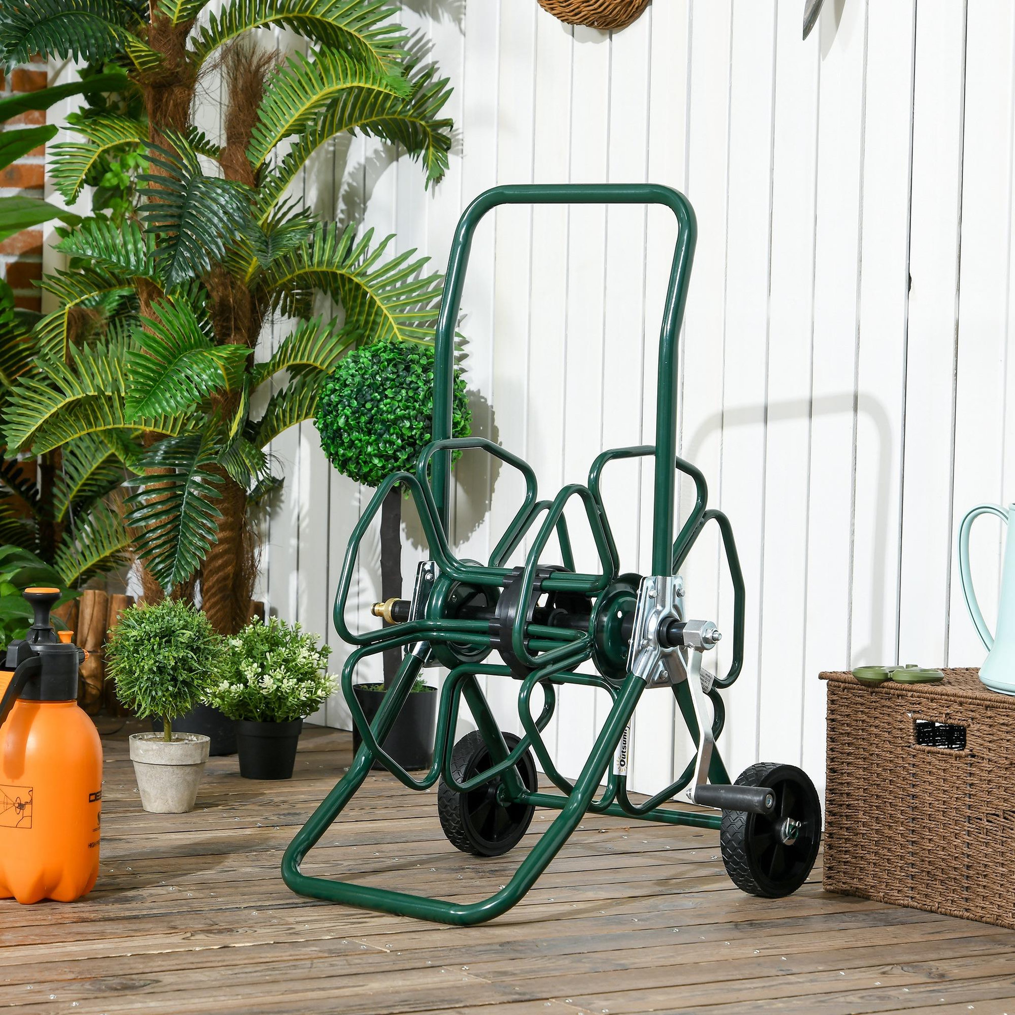 Voir la diapositive 2 : OUTSUNNY Dévidoir sur 2 roues 30 m - dévidoir métal - dévidoir chariot - enrouleur tuyau d'arrosage - métal vert