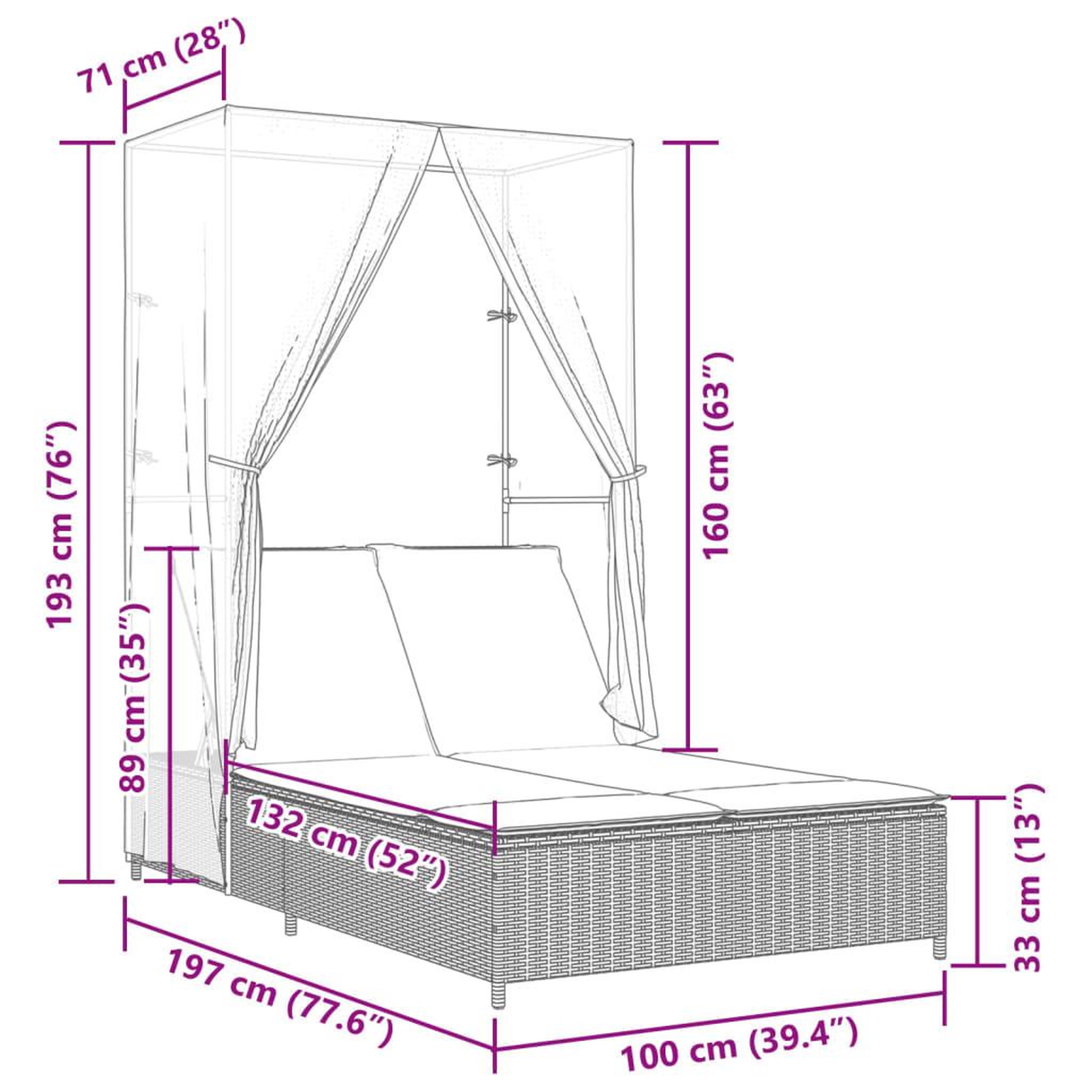 Voir la diapositive 6 : VIDAXL Chaise longue double avec toit et rideaux gris resine tressee