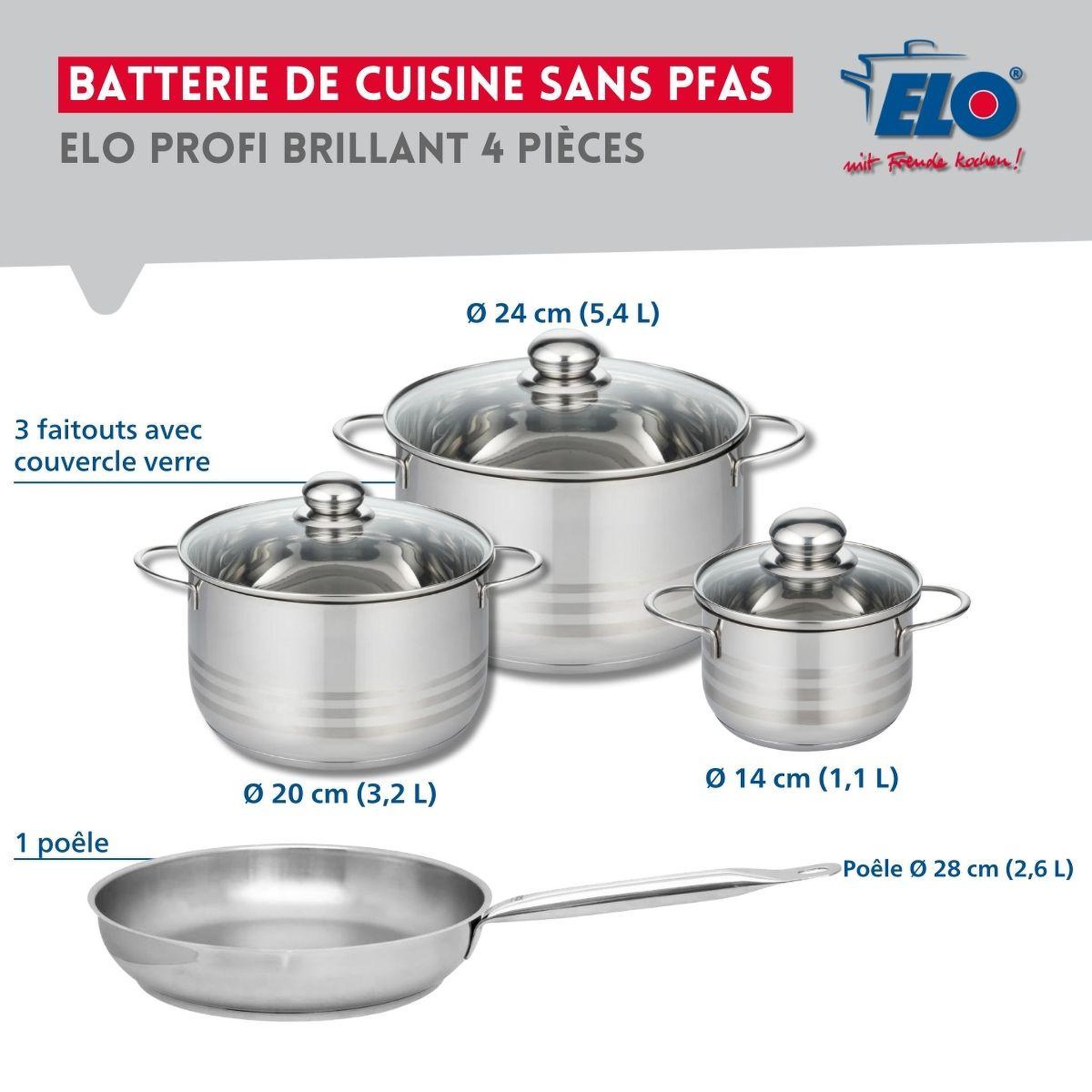 Voir la diapositive 2 : ELO Ensemble de 1 poêle de cuisson 28 cm et 3 faitouts 14, 20 et 24 cm elo profi brillant