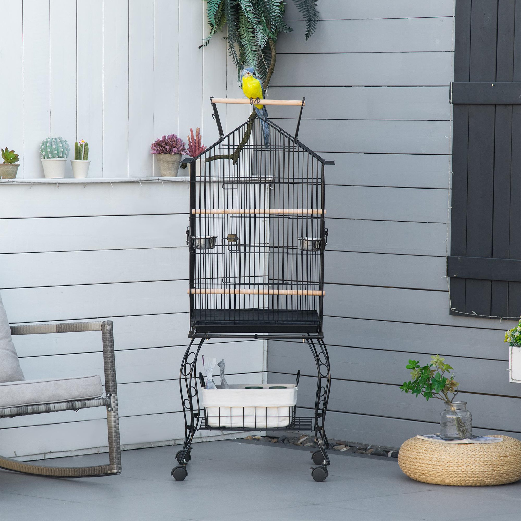 Voir la diapositive 2 : PAWHUT Cage à oiseaux sur pied volière avec 2 mangeoires perchoirs plateau amovible poignée et roulettes - 50 x 58 x 137-145 cm noir