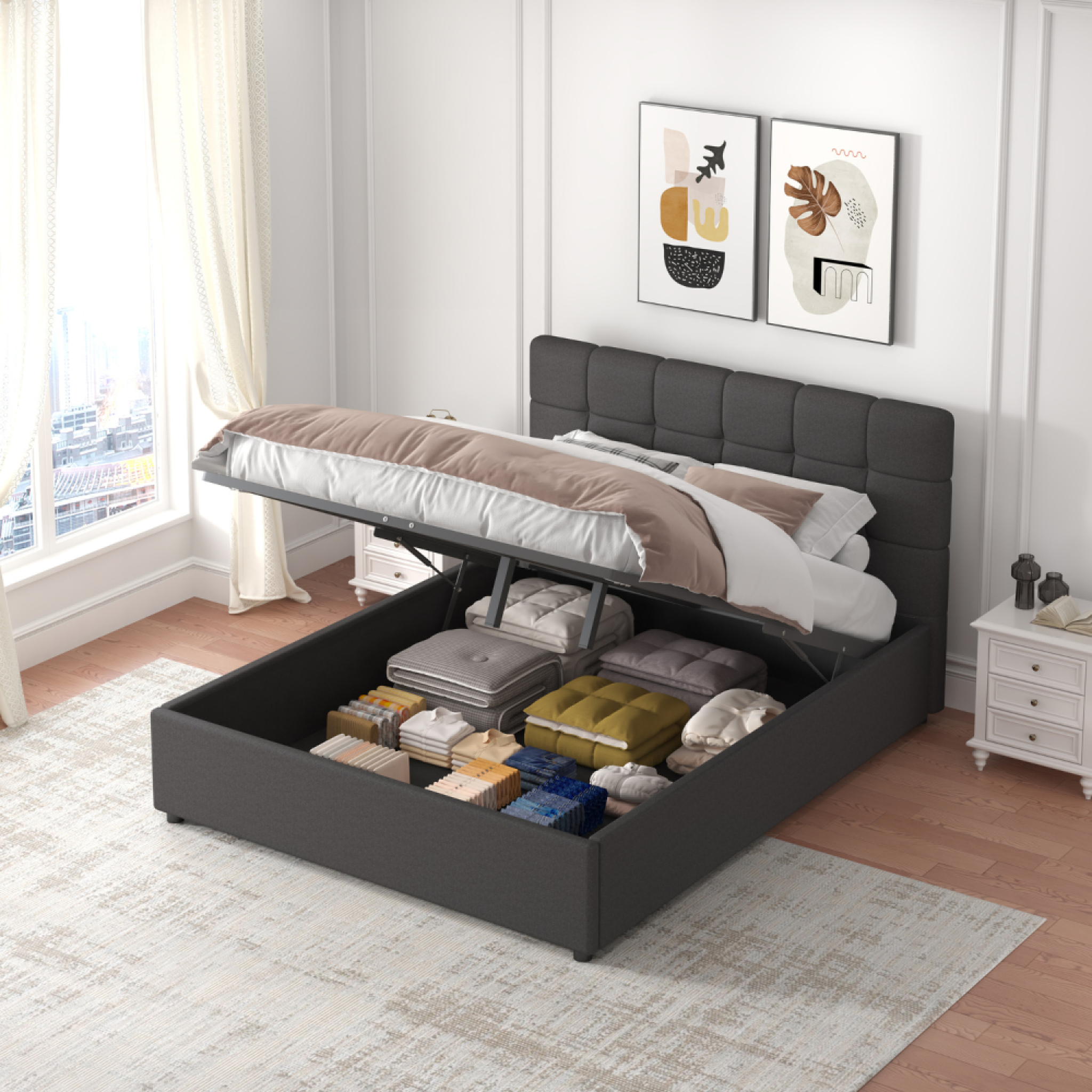 Voir la diapositive 5 : CONCEPT USINE Lit avec coffre de rangement 160x200cm velours gris foncé santa