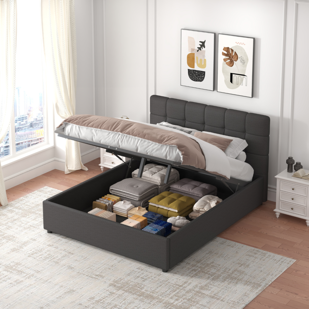 CONCEPT USINE Lit avec coffre de rangement 160x200cm velours gris foncé SANTA