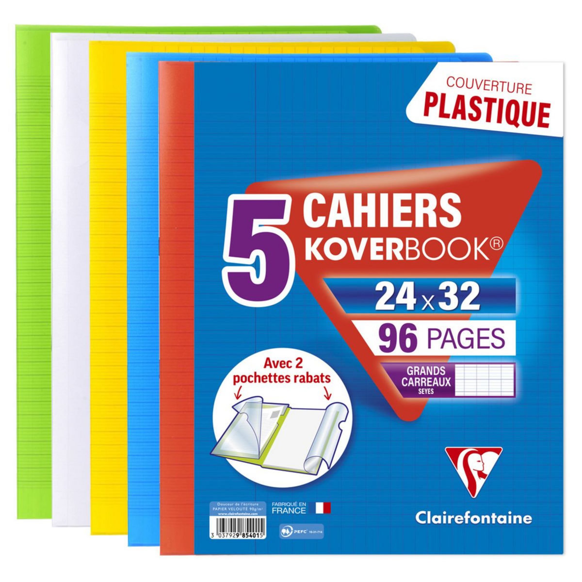 CLAIREFONTAINE Lot de 5 cahiers piqués polypro Koverbook 24x32cm 96 pages grands carreaux Seyes