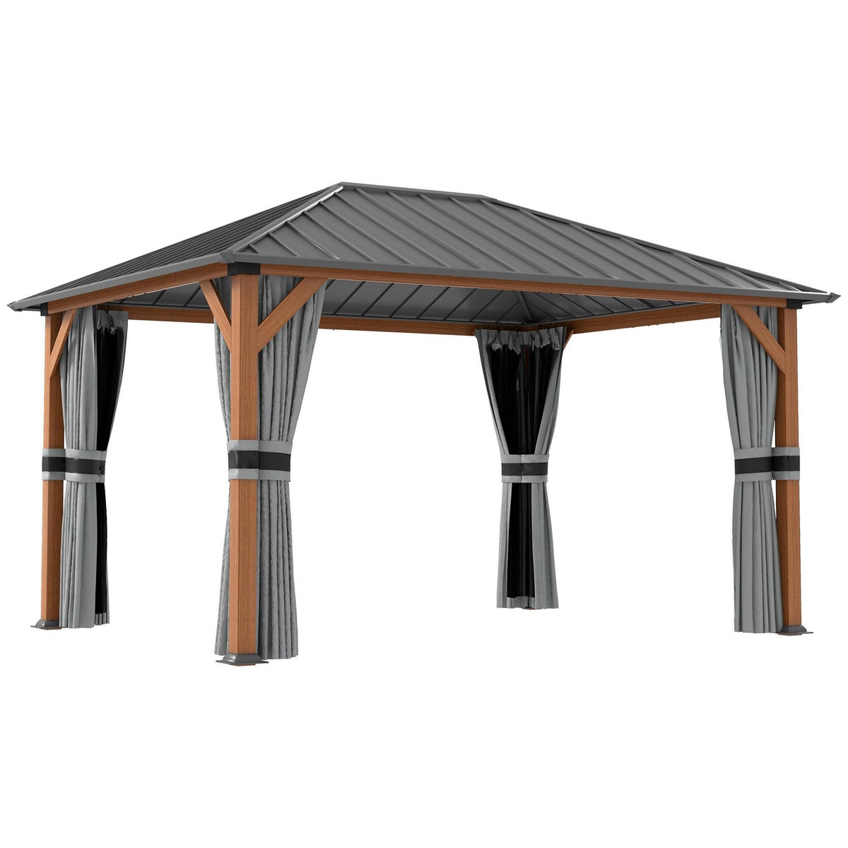 OUTSUNNY Pavillon de jardin structure alu aspect bois toit rigide métal galvanisé rideaux moustiquaires