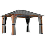 OUTSUNNY Pavillon de jardin structure alu aspect bois toit rigide métal galvanisé rideaux moustiquaires