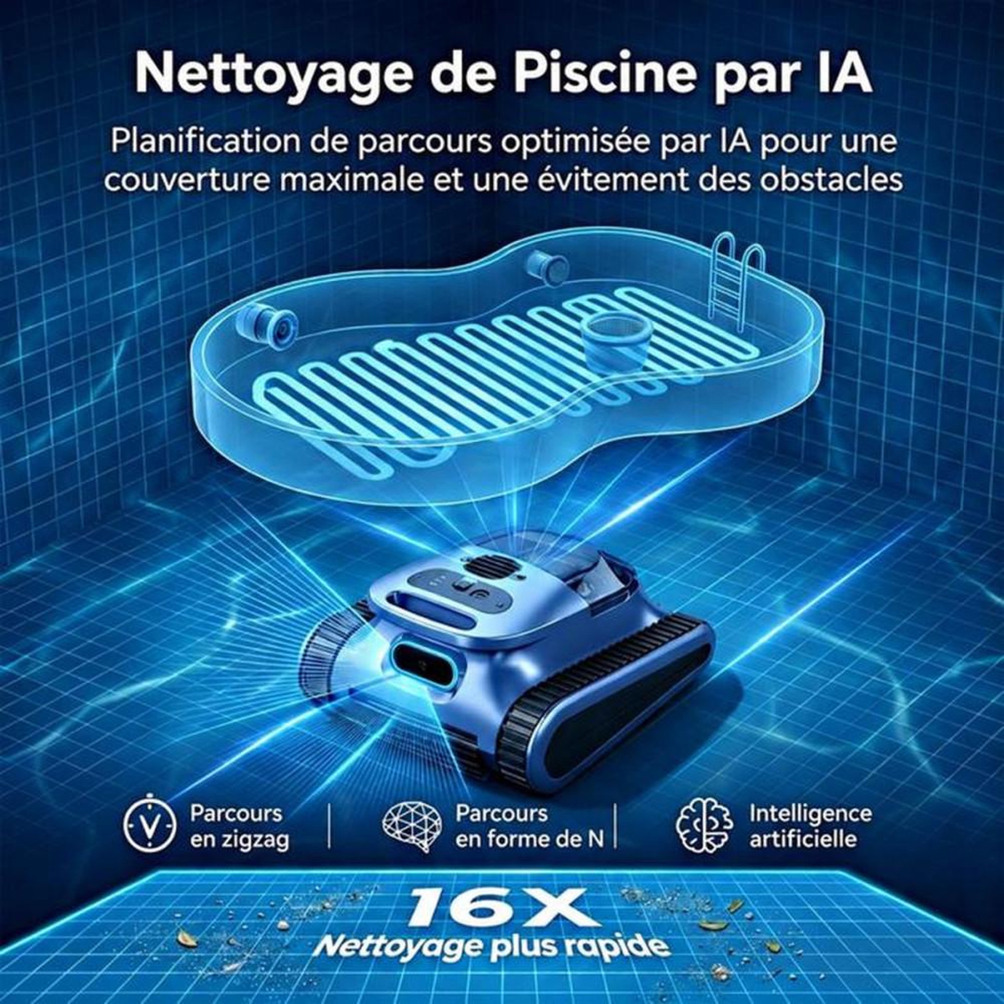 Voir la diapositive 5 : Robot de nettoyage de piscine sans fil, sol/murs/ligne d'eau, contrôle application, 200 m², 45 000 Pa, 3 L, IPX8