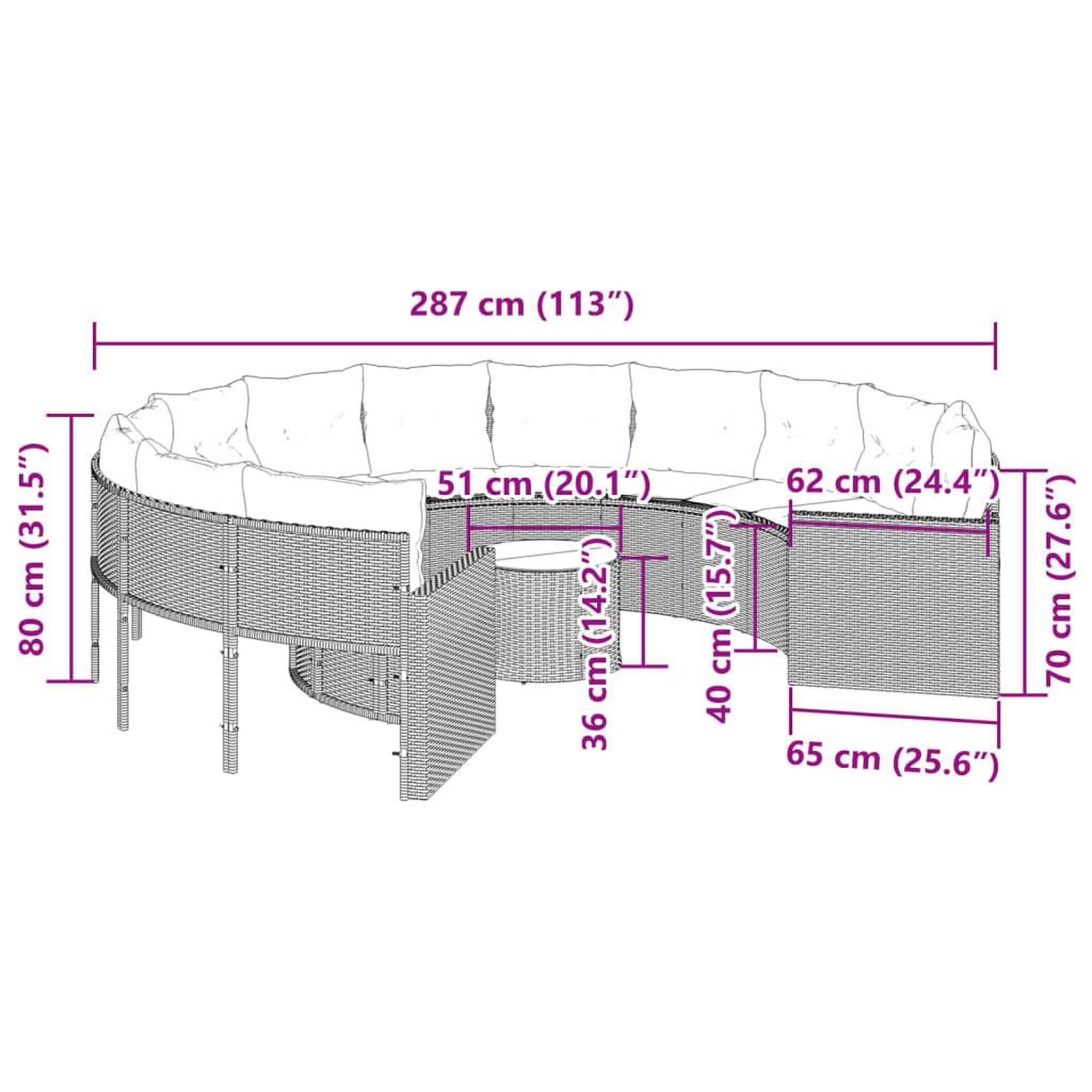 Voir la diapositive 6 : VIDAXL Canape de jardin avec table coussins rond noir resine tressee