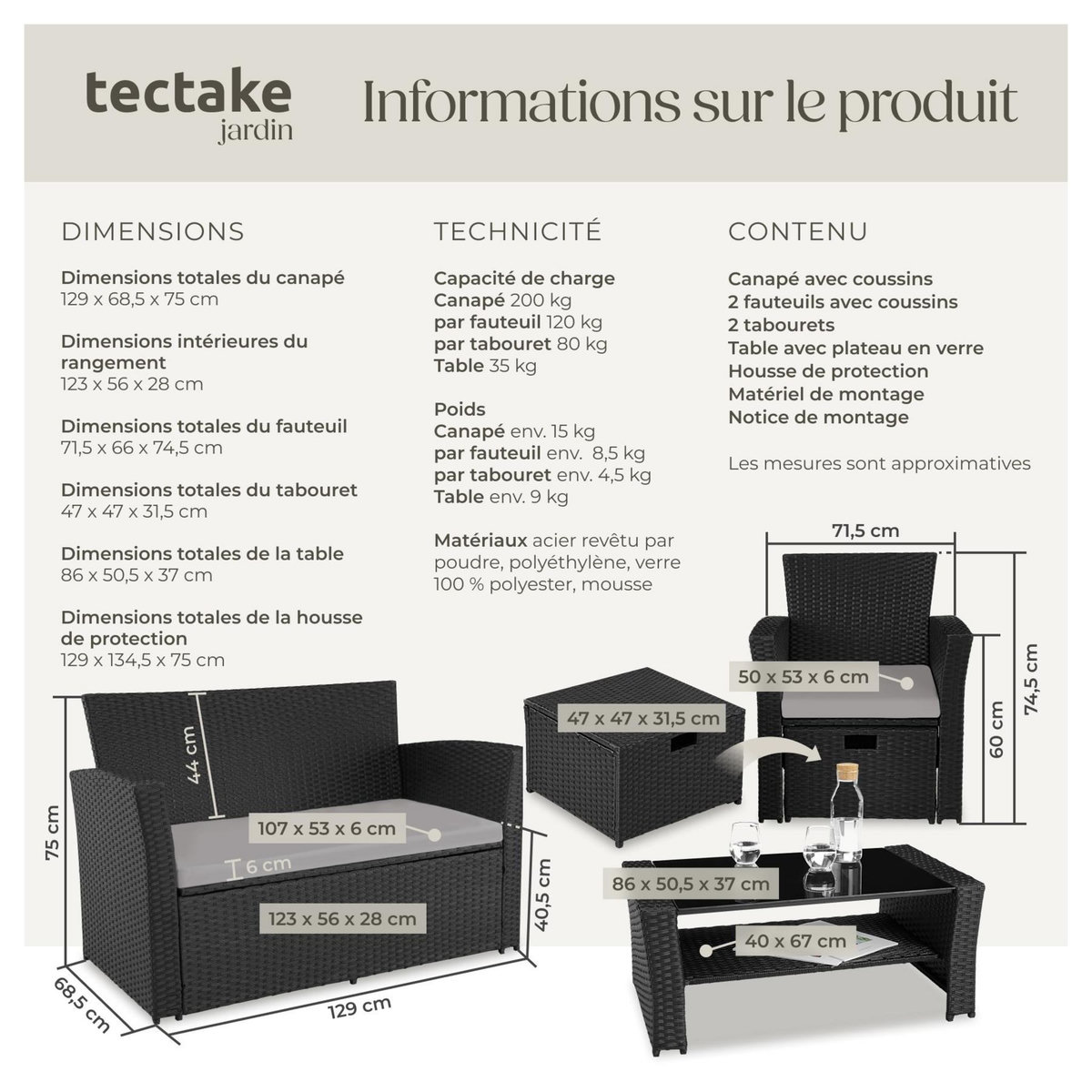 tectake Salon de jardin pour 4 à 6 personnes noir/gris