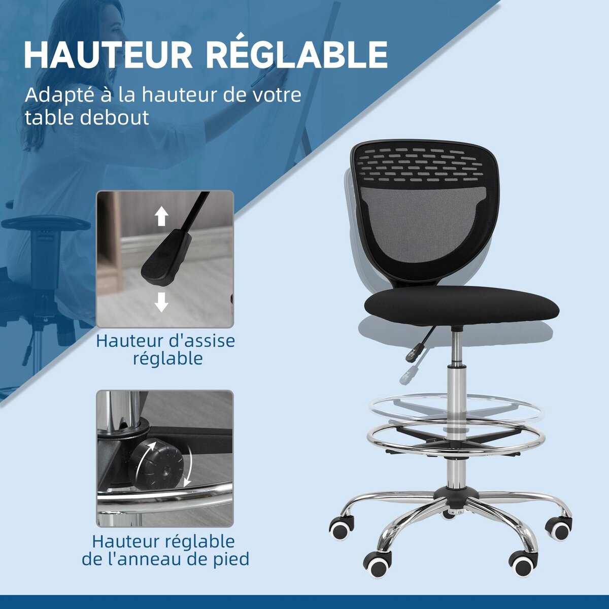 VINSETTO Chaise de bureau haute ergonomique - chaise de travail surélevée - assise haute réglable H.68-88 cm - noir