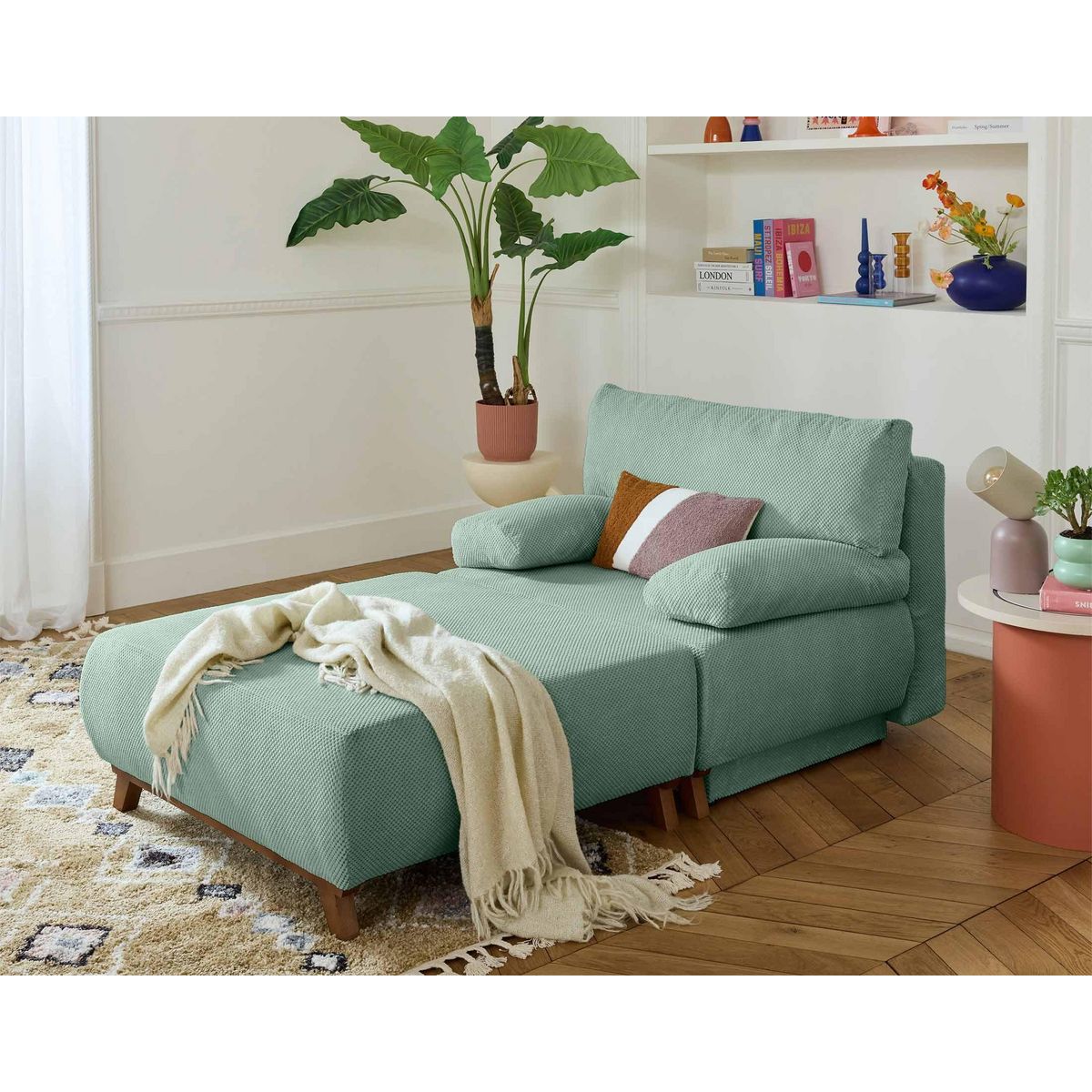 BEST MOBILIER Cristal - fauteuil - convertible avec coffre et grand pouf - en velours texturé