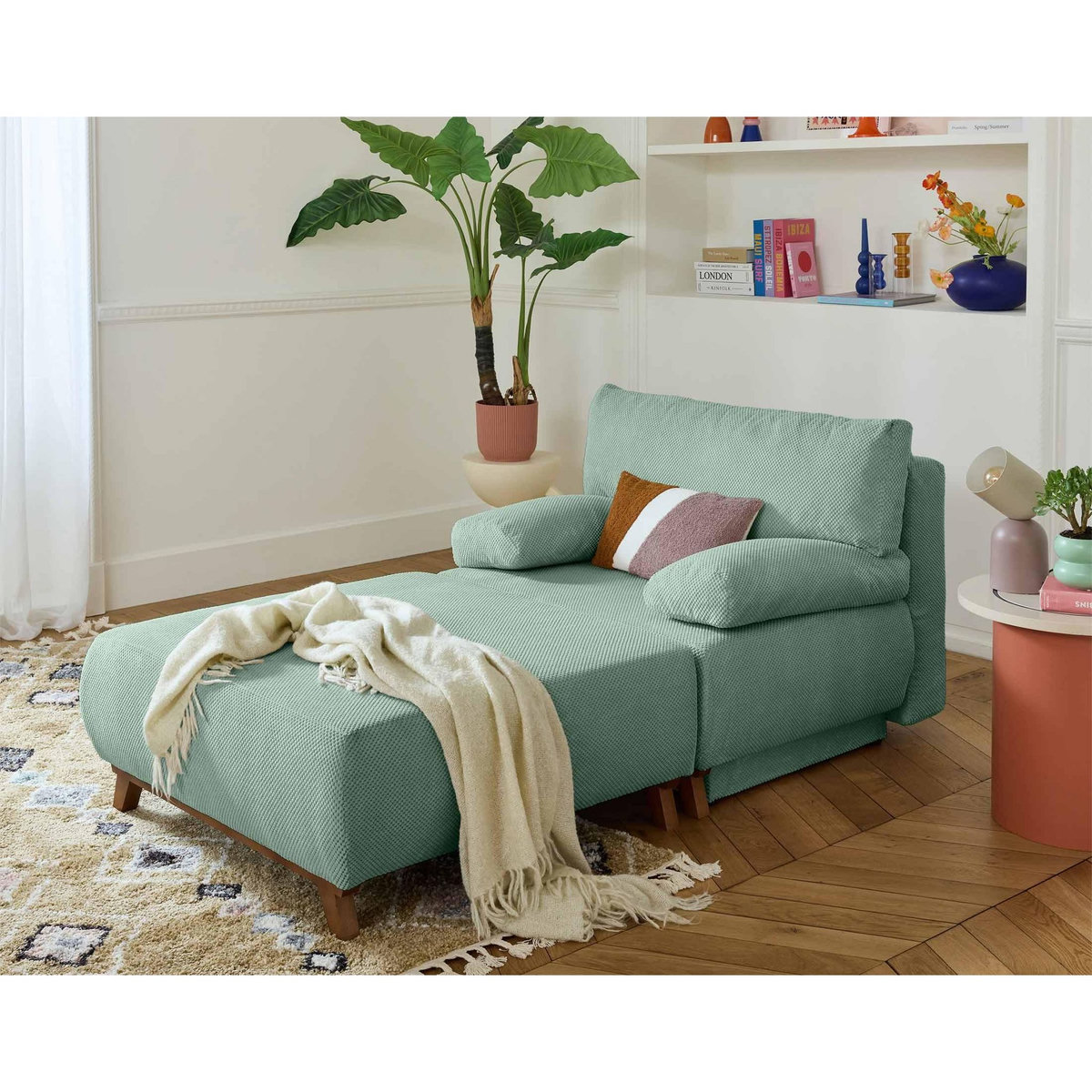 BEST MOBILIER Cristal - fauteuil - convertible avec coffre et grand pouf - en velours texturé