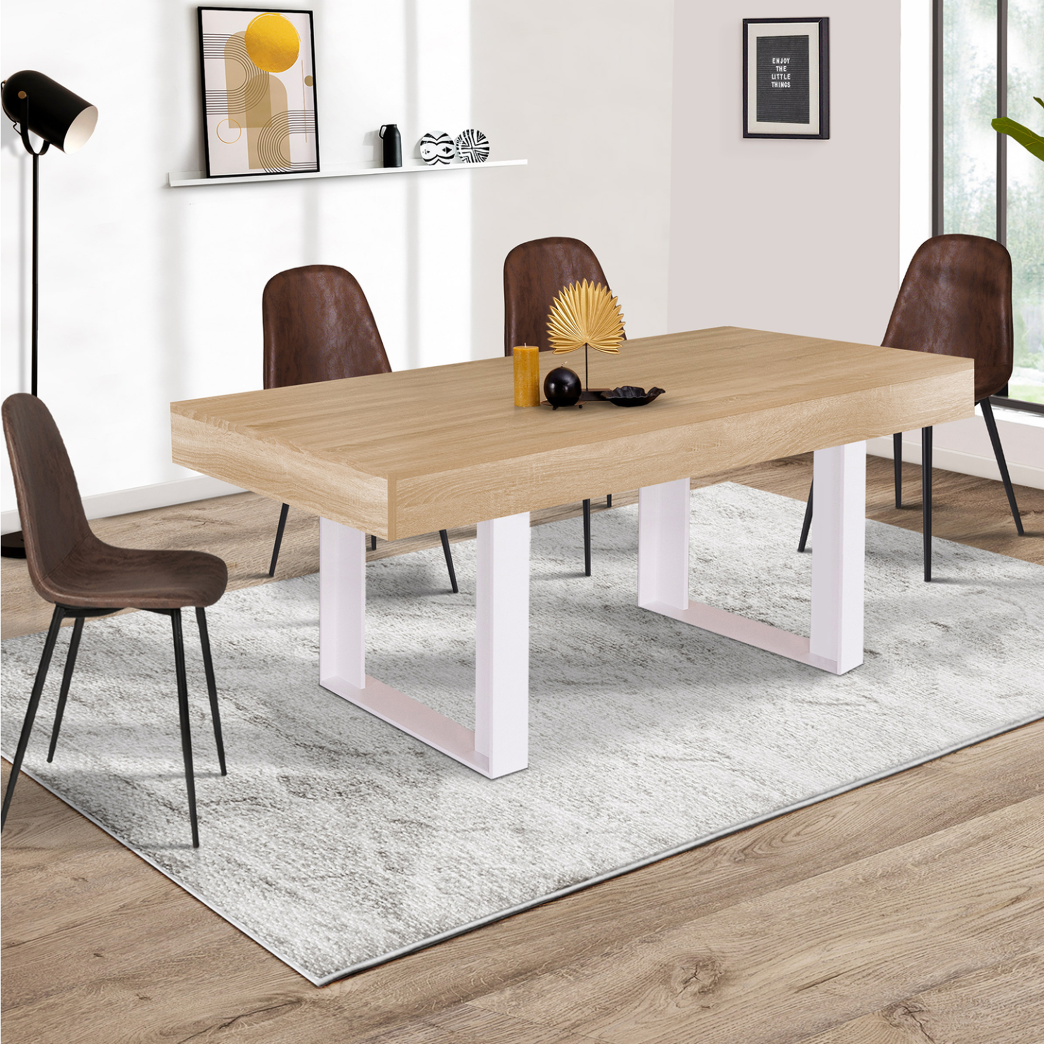 Voir la diapositive 2 : ID MARKET Table à manger rectangle phoenix 6 personnes bois et blanc 160 cm