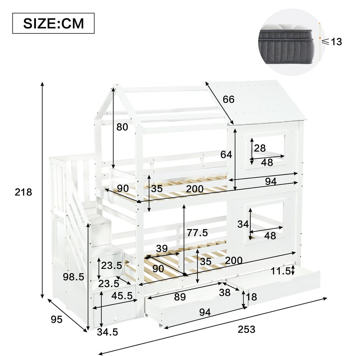 MERAX Lit superposé 90x200 cm coloris blanc pin