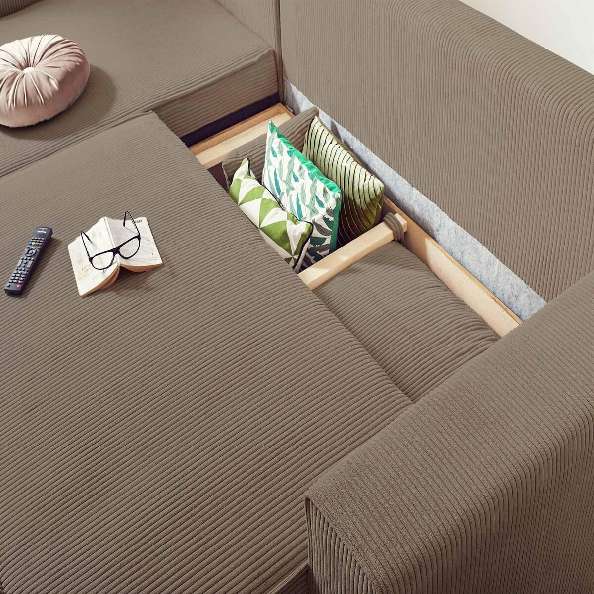 BEST MOBILIER Dellia - canapé d'angle réversible convertible - avec coffre - en velours côtelé - 4 places