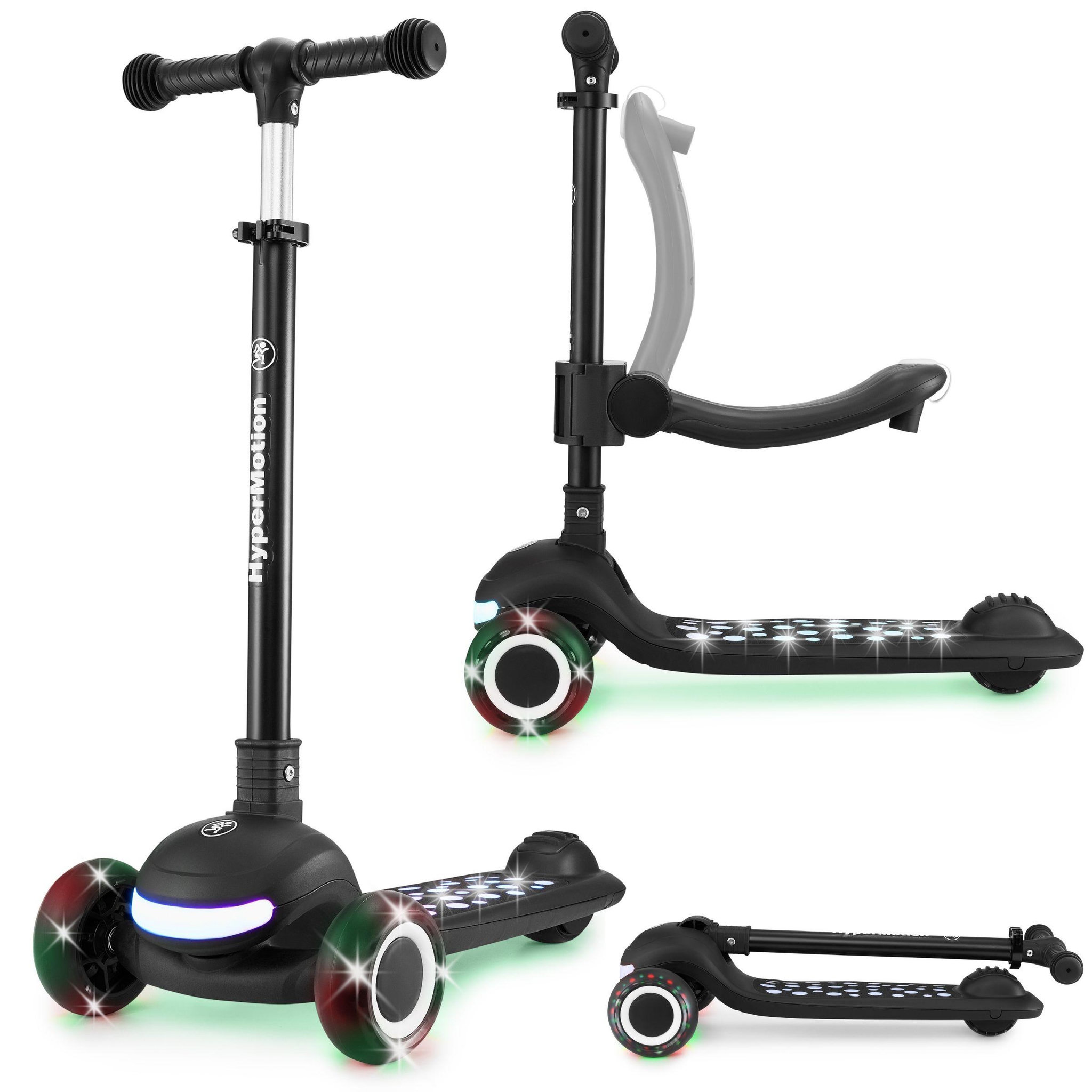 HYPERMOTION Trottinette Enfant 3-en-1 - LED - 50 kg- Siège Réglable- Pliable- Roues PU- Guidon T-Bar