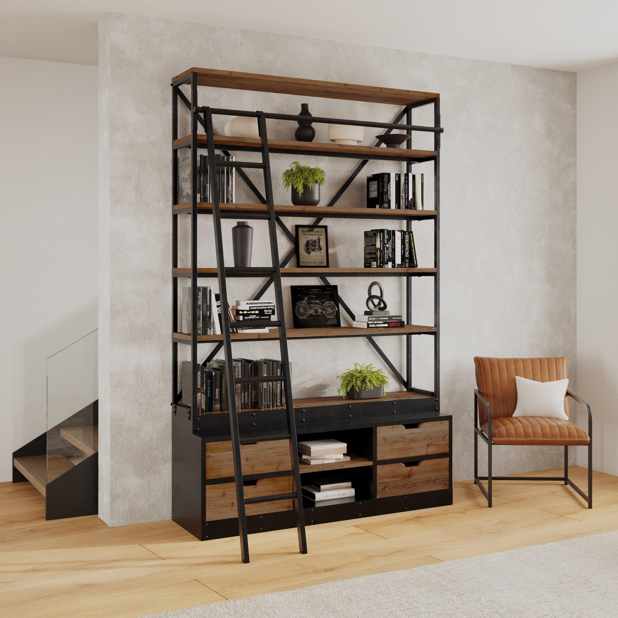 Voir la diapositive 5 : MAISON PAVANE Bibliothèque 160 cm en bois et métal avec échelle, 4 tiroirs-kasi