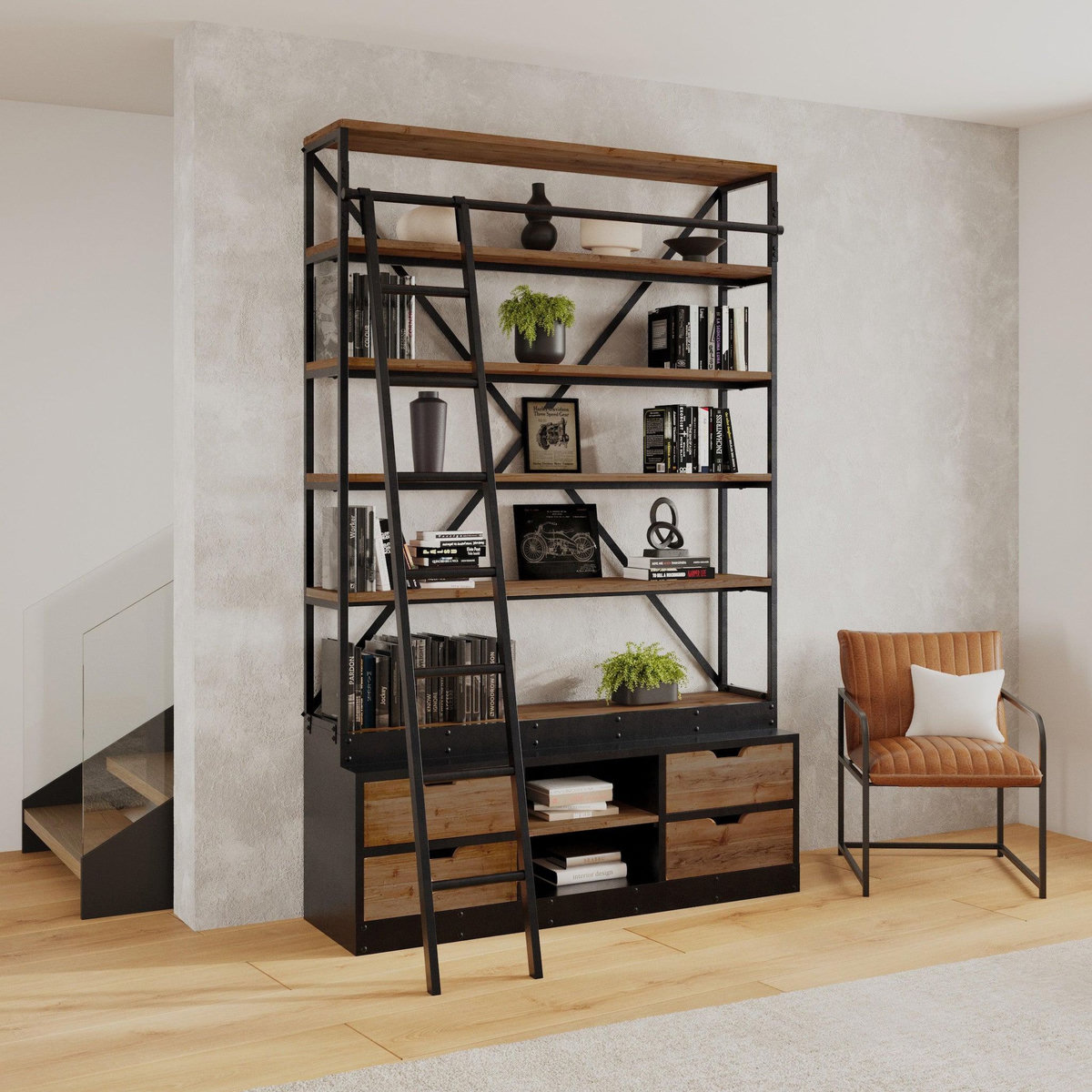 MAISON PAVANE Bibliothèque 160 cm en bois et métal avec échelle, 4 tiroirs-Kasi