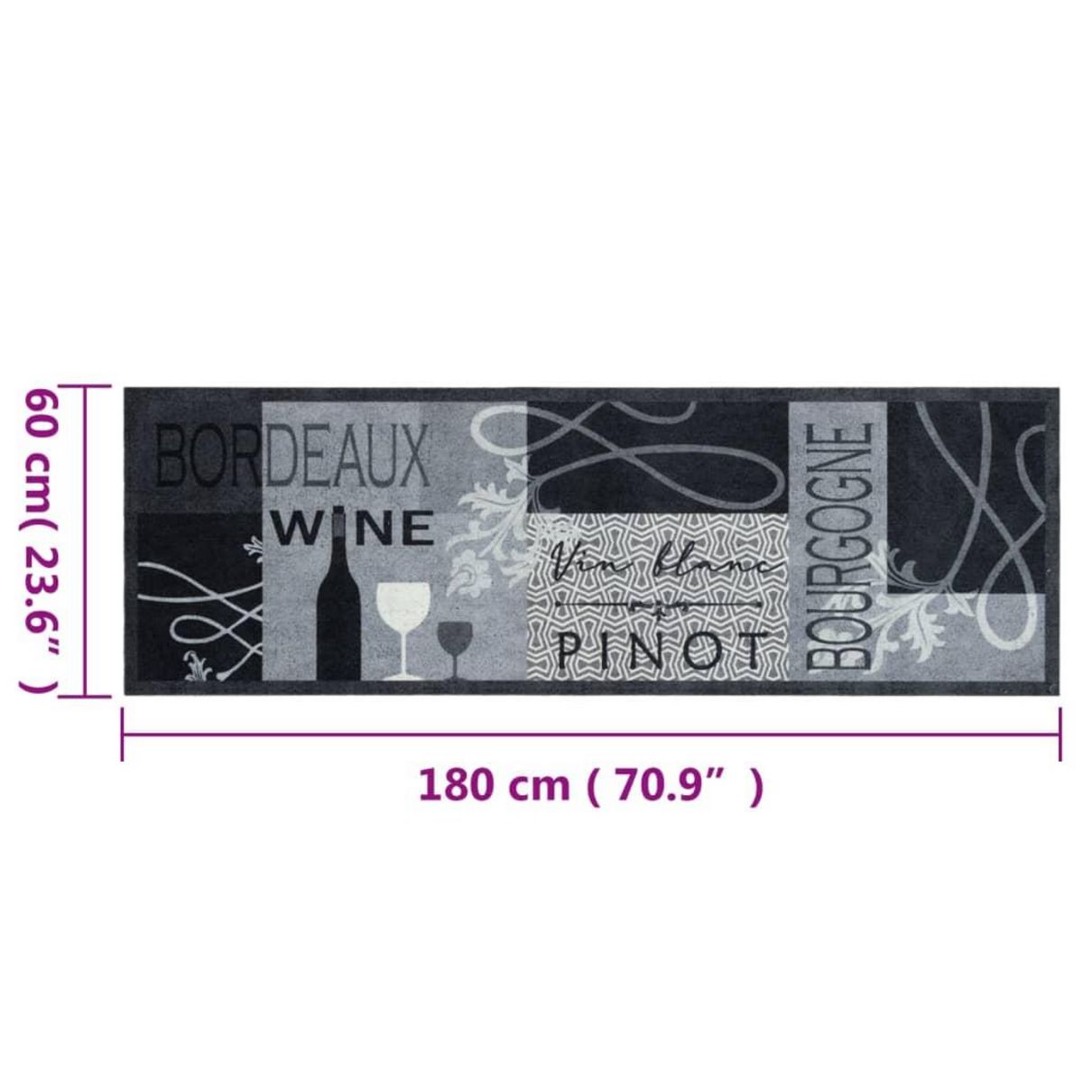 VIDAXL Tapis de cuisine lavable imprime Wine gris 60x180 cm velours