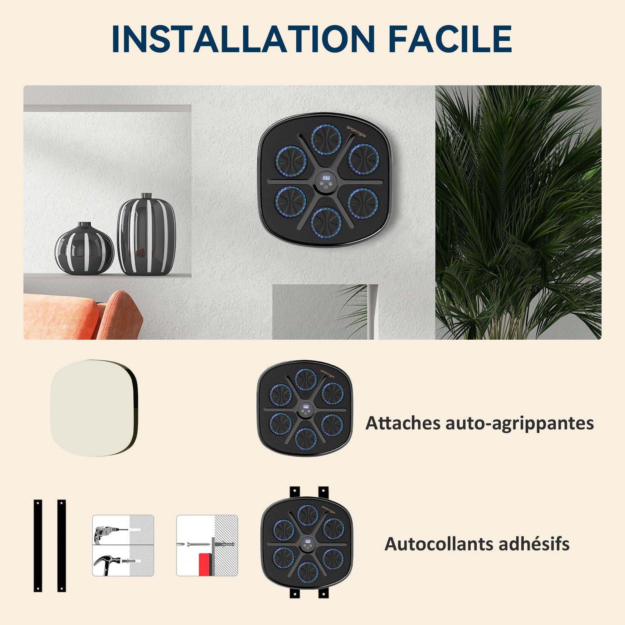 Voir la diapositive 6 : HOMCOM Machine de boxe musicale murale avec lumières - 9 vitesses, modes, Bluetooth - gants - noir