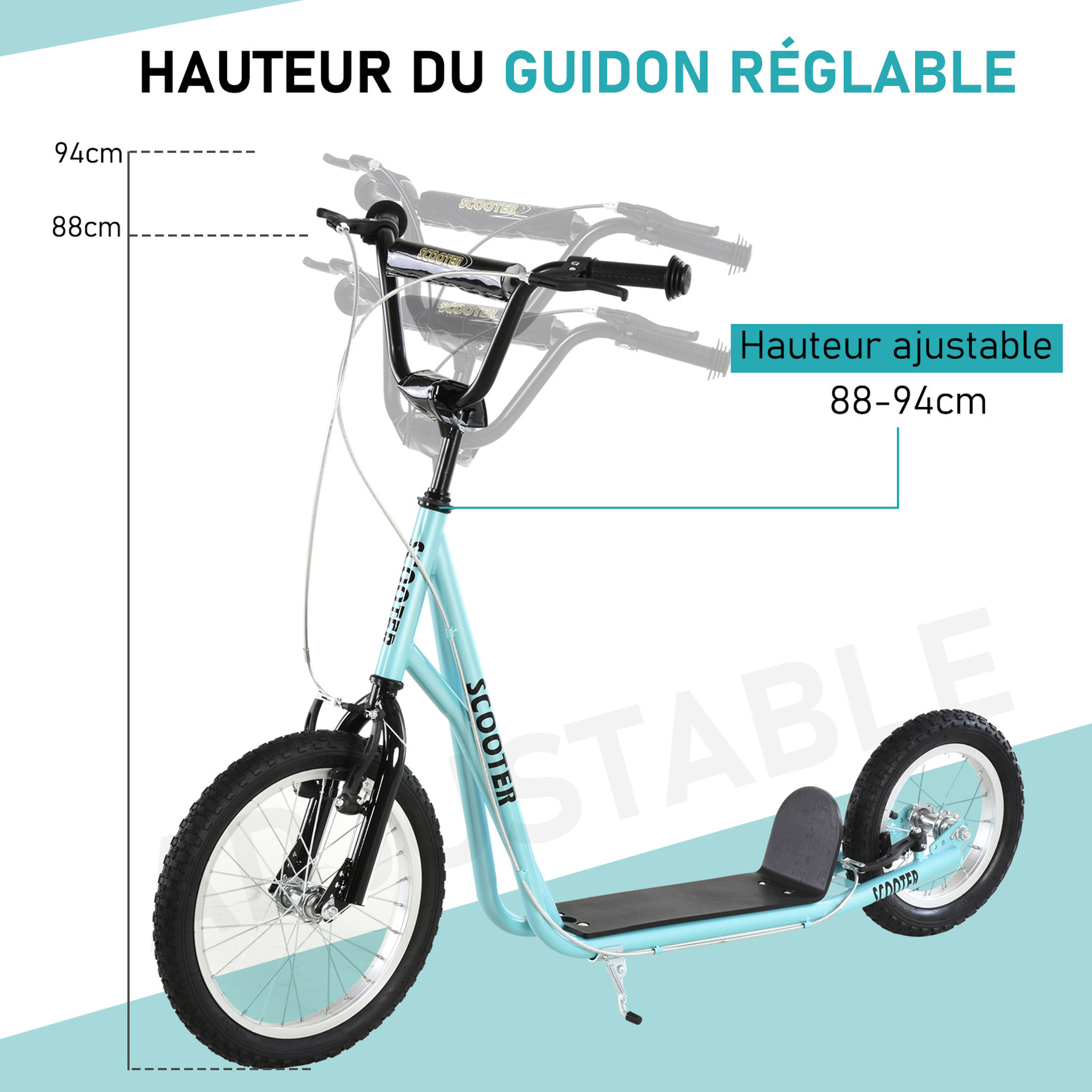 Voir la diapositive 5 : HOMCOM Trottinette patinette freestyle grandes roues pneumatiques Ø 40 et 30 cm hauteur guidon réglable frein AV/AR béquille acier bleu ciel noir