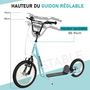 Voir la diapositive 5 : HOMCOM Trottinette patinette freestyle grandes roues pneumatiques Ø 40 et 30 cm hauteur guidon réglable frein AV/AR béquille acier bleu ciel noir