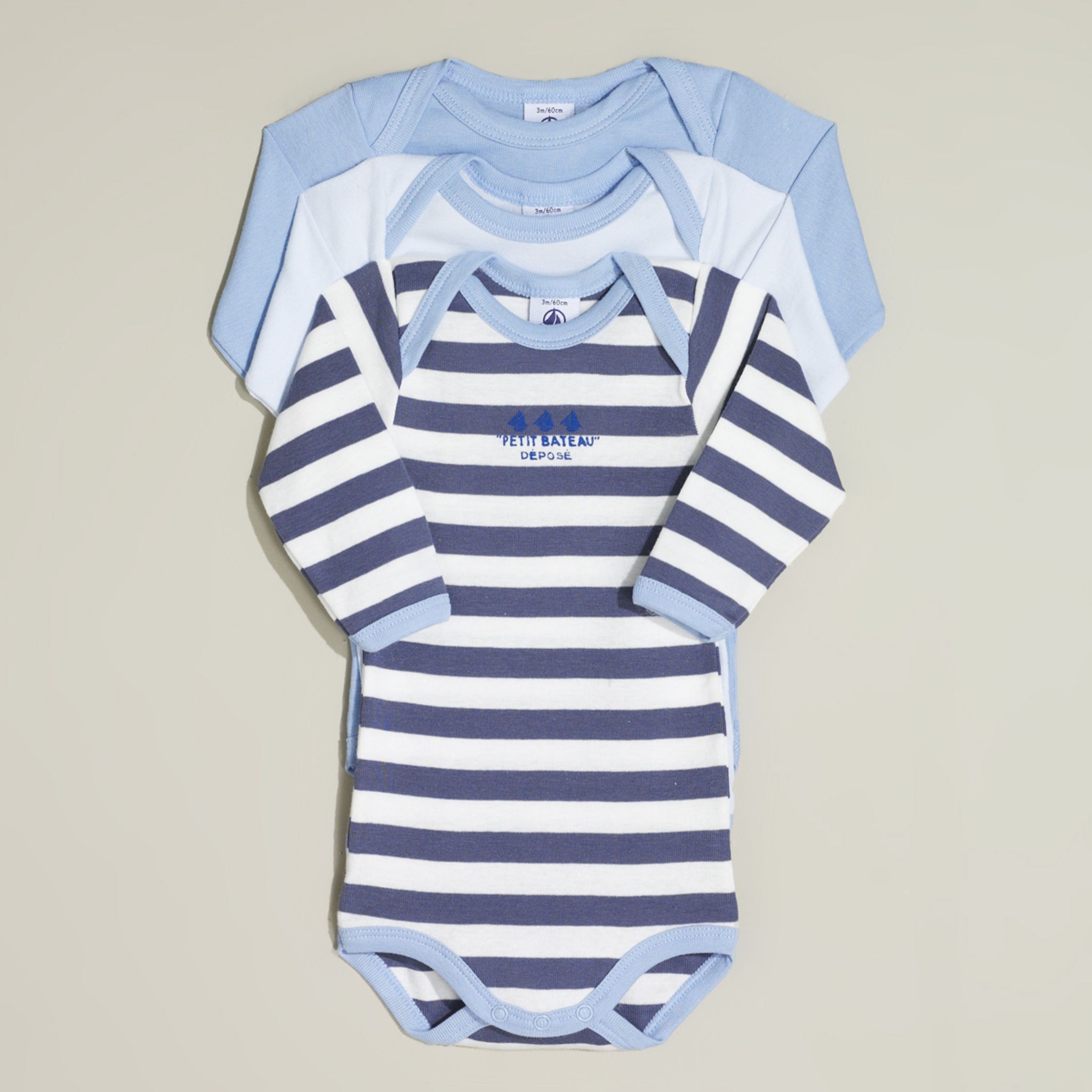Lot De 3 Bodies Manches Longues Petit Bateau - Coton Imprimé Et Uni - Encolure Américaine