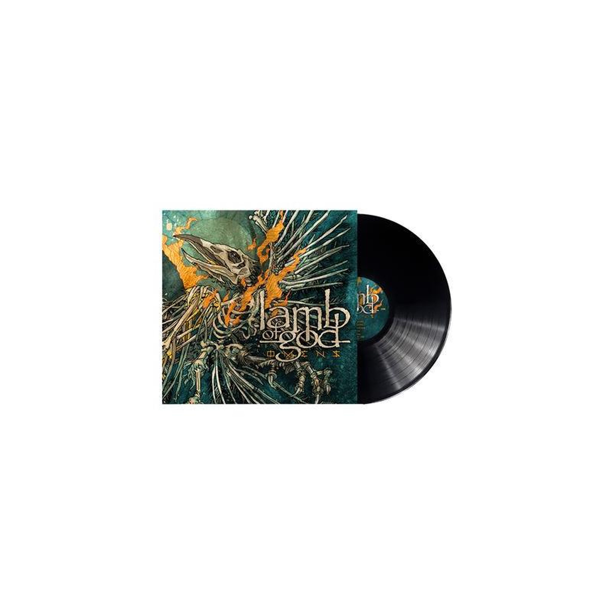 Vinyle 12 pouces - omens - lamb of god - album disque noir - jaquette illustrée teal et orange
