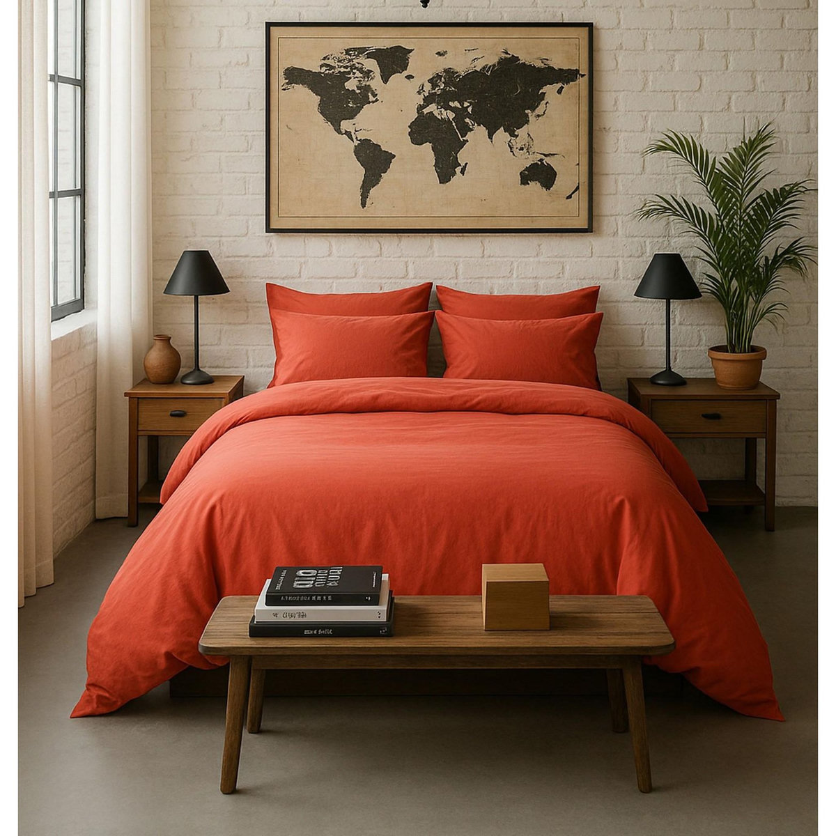 BATON ROUGE Housse de couette 100% percale de coton lavé 80fils/cm² - finition bouteille 40cm - terre de sienne