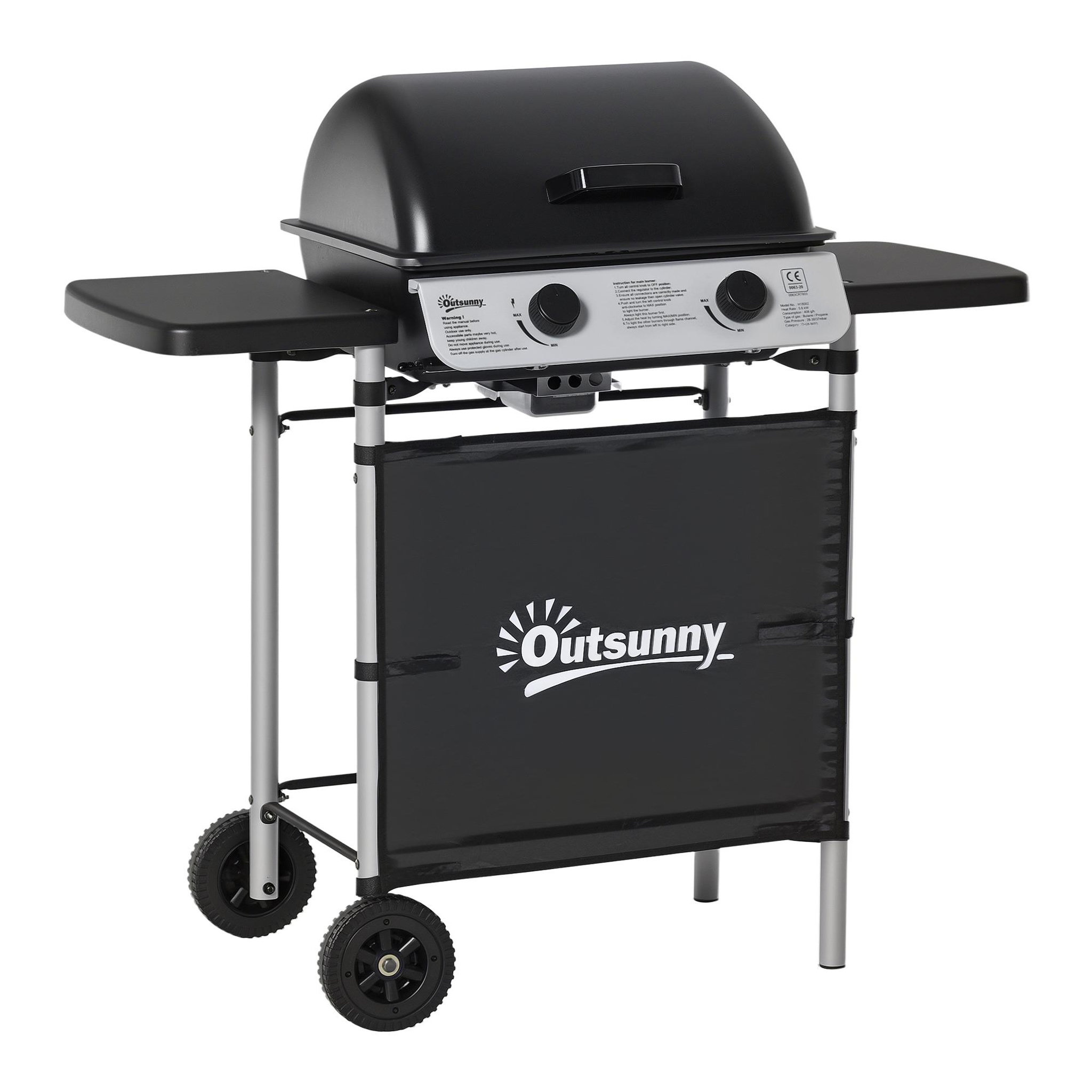 OUTSUNNY Barbecue gaz 2 brûleurs 2,8kW avec couvercle - grille, récupérateur graisse, 2 tablettes latérales, 2 roues - gris noir