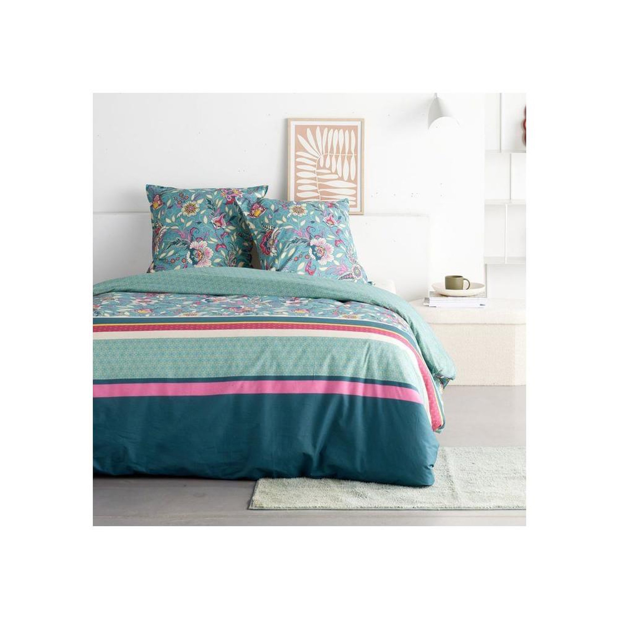 Today Ensemble de literie imprimé floral today sunshine coton bleu: housse de couette 140x200 cm et taie 63x63 cm