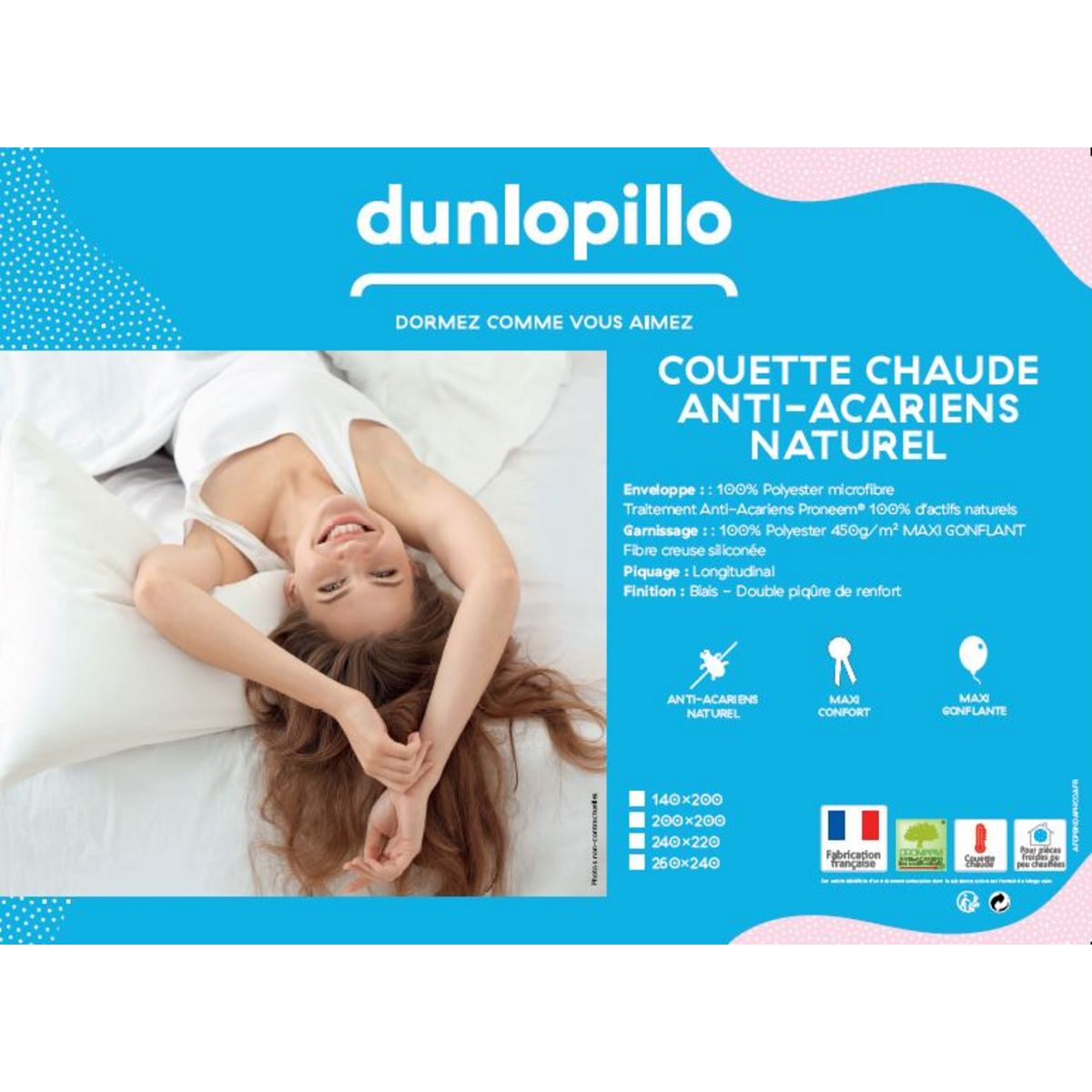 DUNLOPILLO Couette synthétique chaude en polyester traitement anti-acariens PRONEEM 450 g/m²