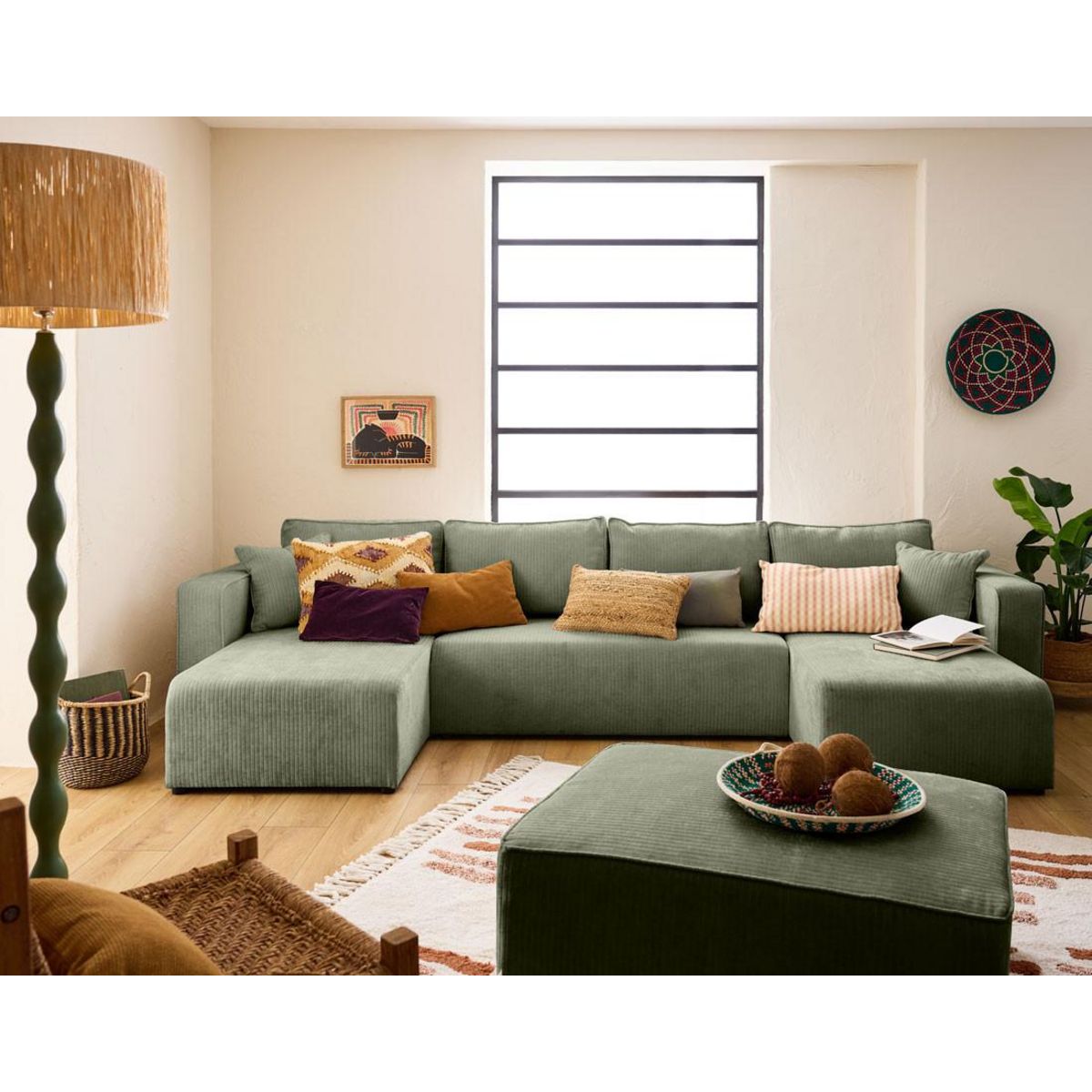 BEST MOBILIER Topaze - canapé panoramique en u - 7 places - convertible avec coffre - en velours côtelé plat