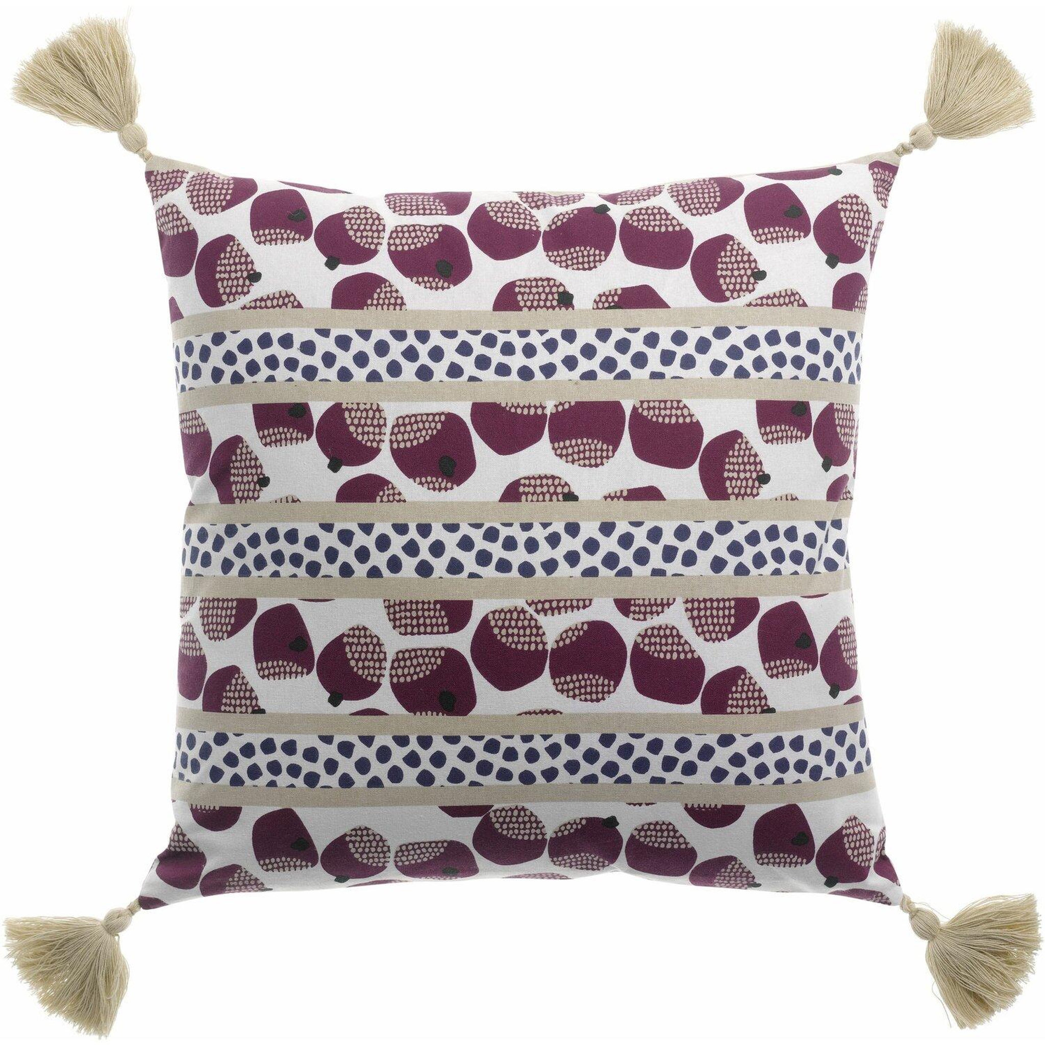Voir la diapositive 1 : Les Ateliers du Linge Coussin jaita imprime reversible dehoussable avec pompons