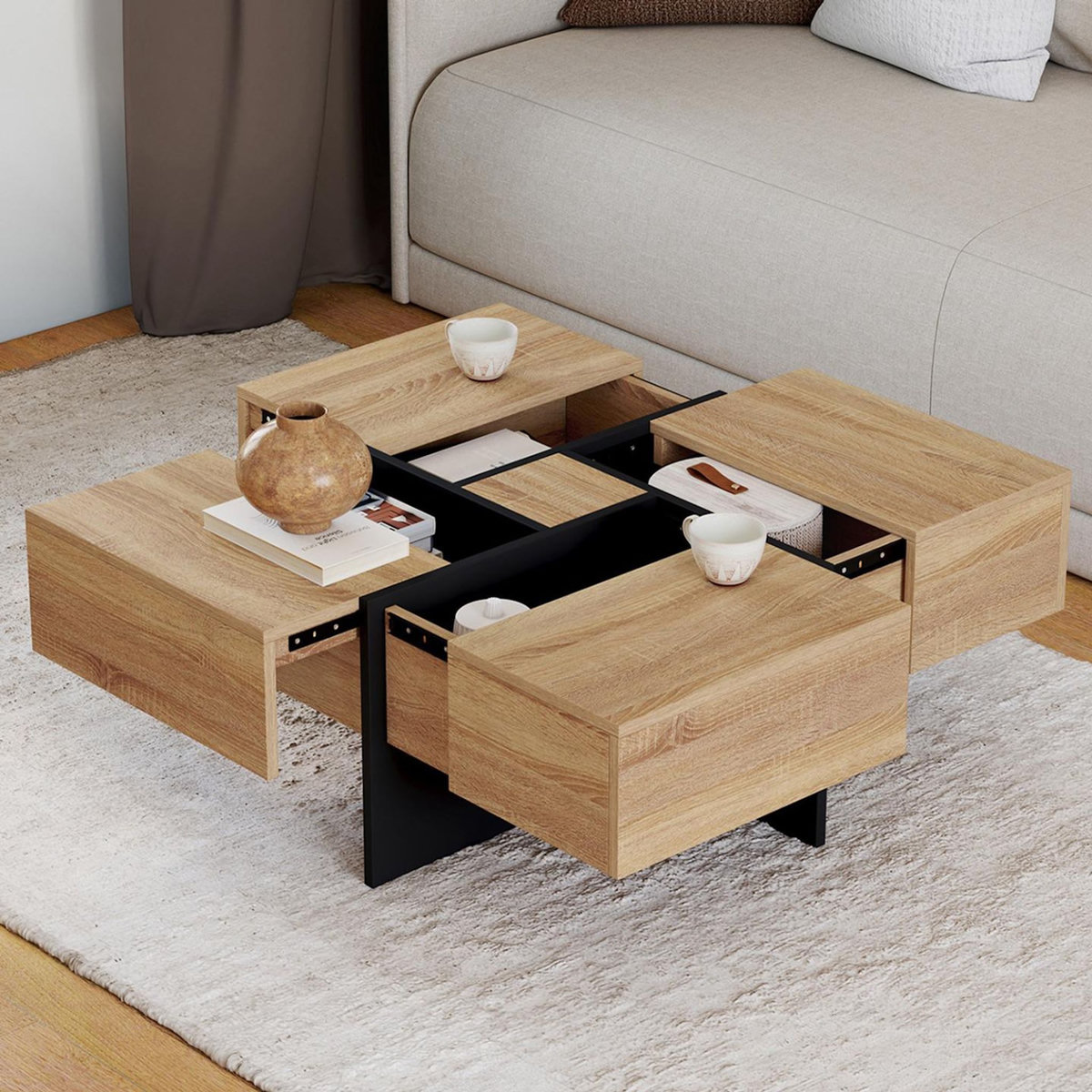 ID MARKET Table basse carrée TALIA 70 cm avec tiroirs bois et noir