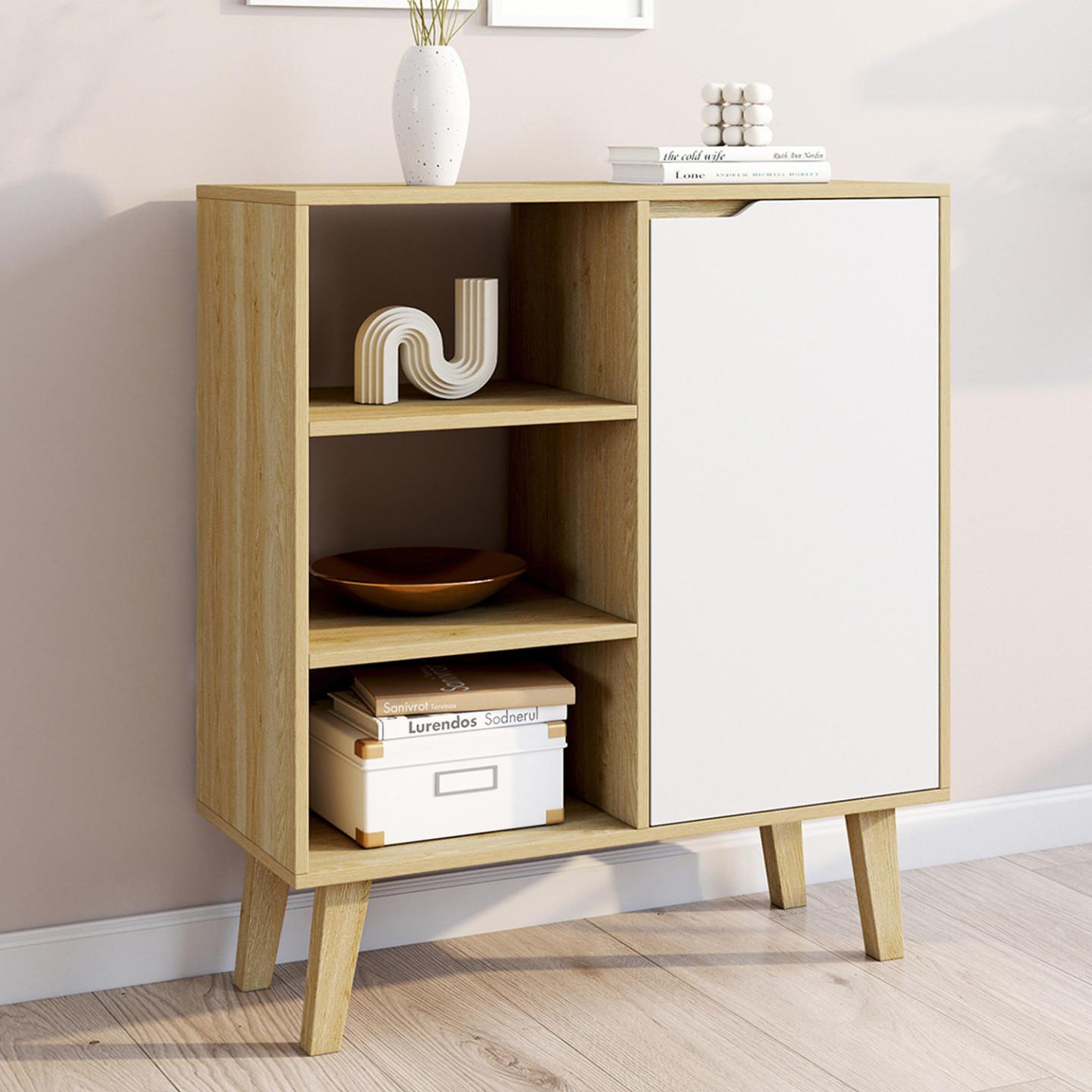 Voir la diapositive 2 : ID MARKET Buffet d'appoint 3 étagères et placard 70 cm finn blanc et bois façon hêtre
