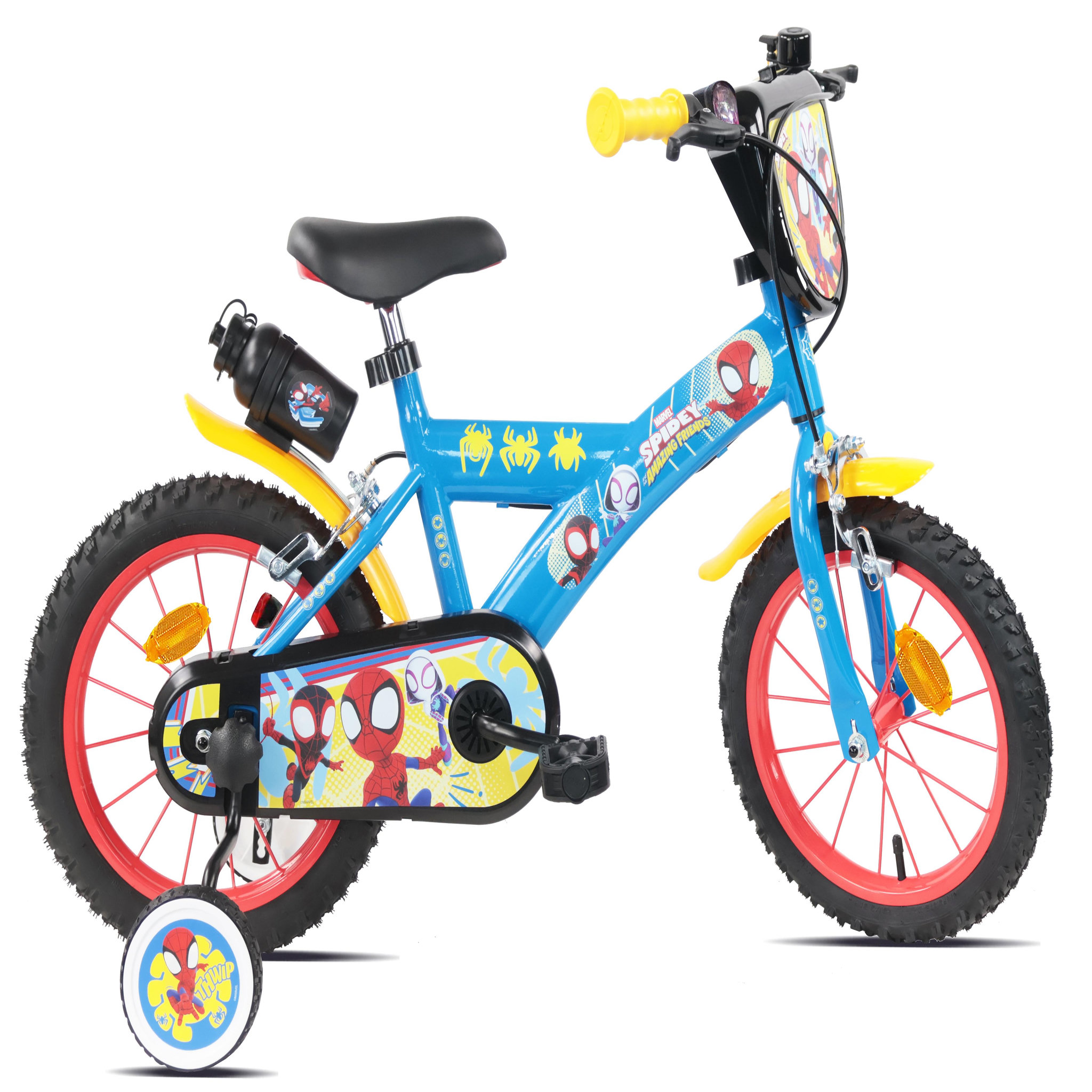 Marvel Vélo enfant 14'' SPIDEY (90 à 105cm) avec 2 freins, plaque avant décorative , bidon arrière, stabilisateurs & pneus gonflables.
