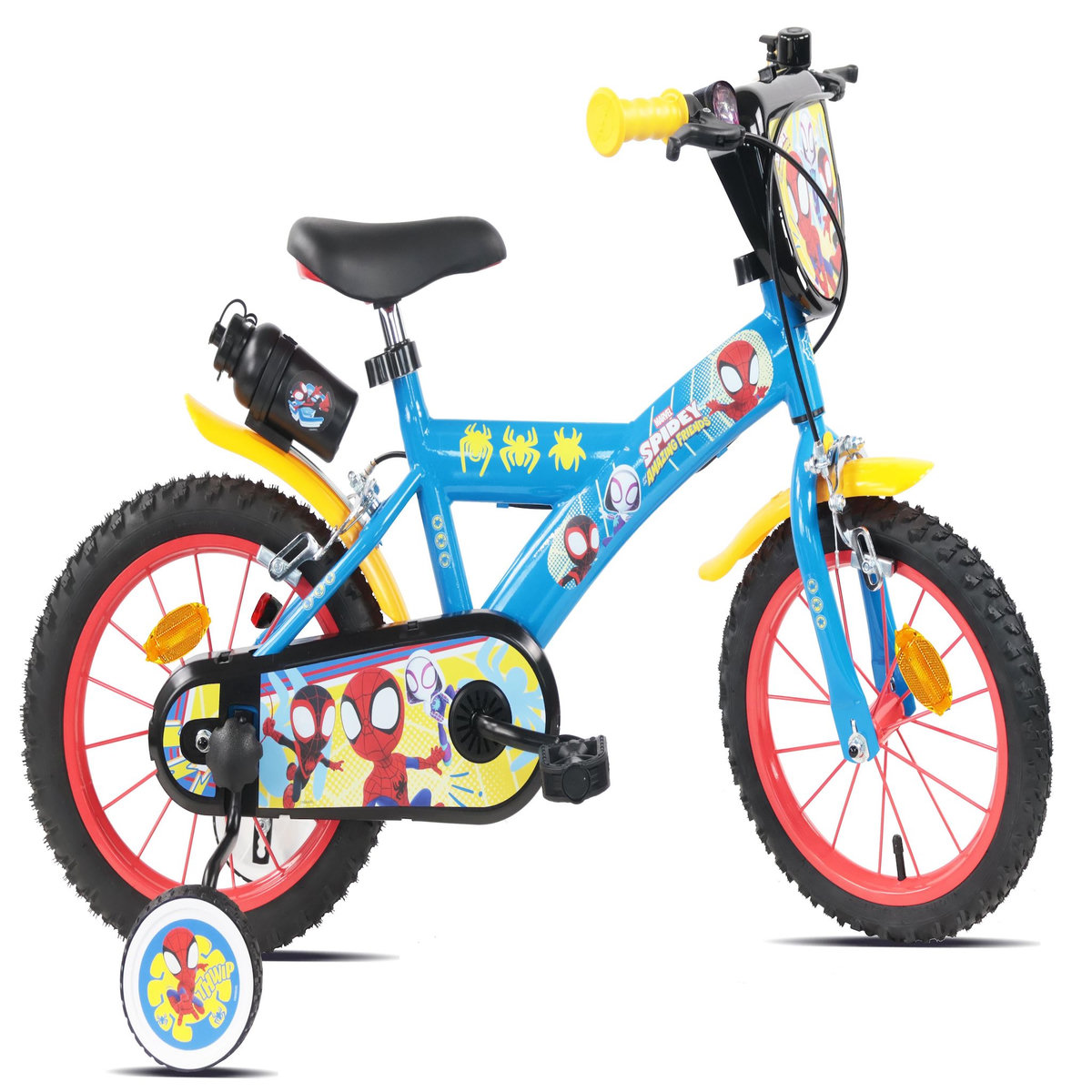 Marvel Vélo enfant 14'' SPIDEY (90 à 105cm) avec 2 freins, plaque avant décorative , bidon arrière, stabilisateurs & pneus gonflables.