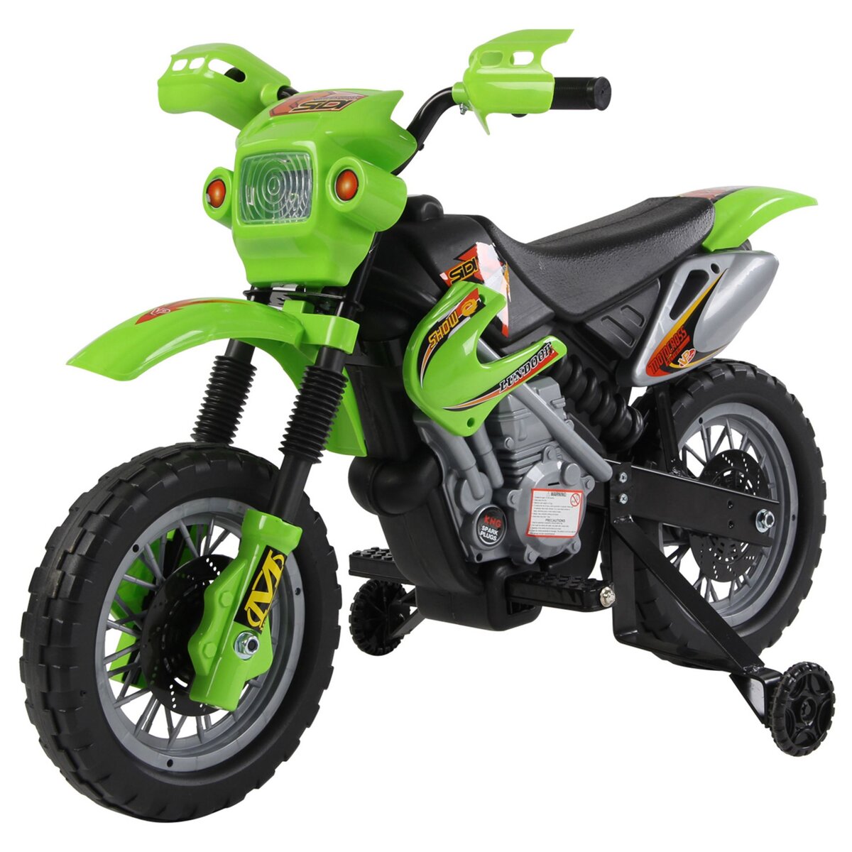 HOMCOM Moto cross électrique pour enfant 3 à 5 ans 12 V 3-8 Km/h avec  roulettes latérales amovibles dim. 106,5L x 51,5l x 68H cm vert pas cher 