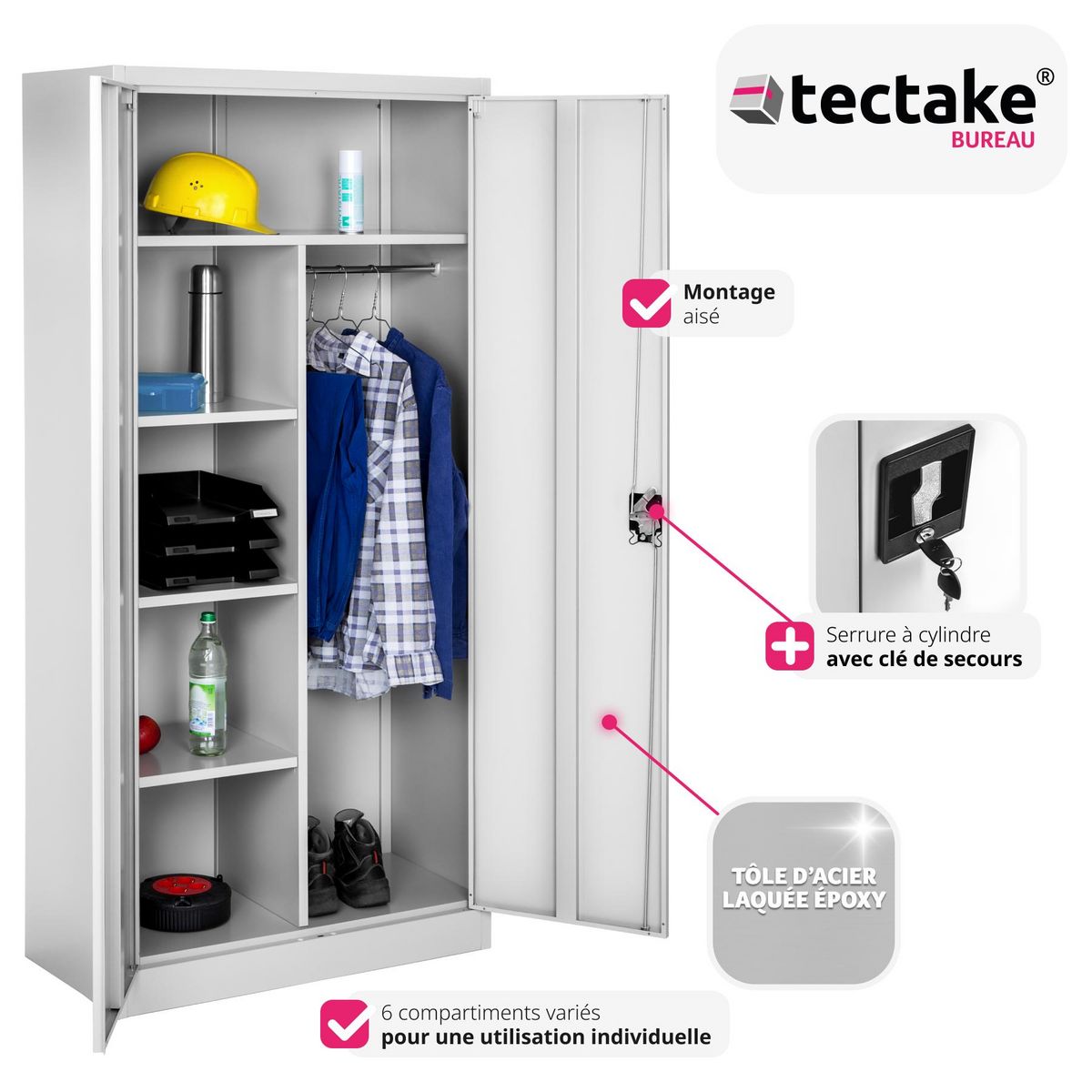 tectake Vestiaire en métal en Acier lâqué époxy gris