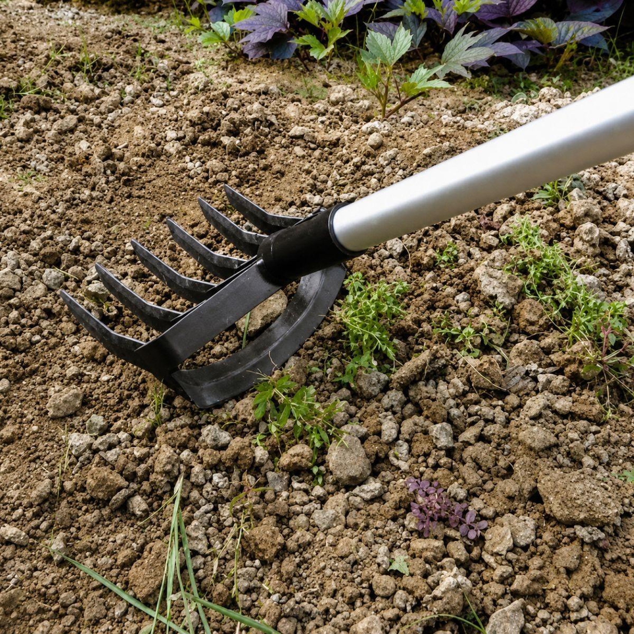 Voir la diapositive 4 : KZ GARDEN Rateau de jardin desherbeur manuel manche téléscopique 91-146cm - râteau de désherbage jardin 6 dents allées potager kz garden