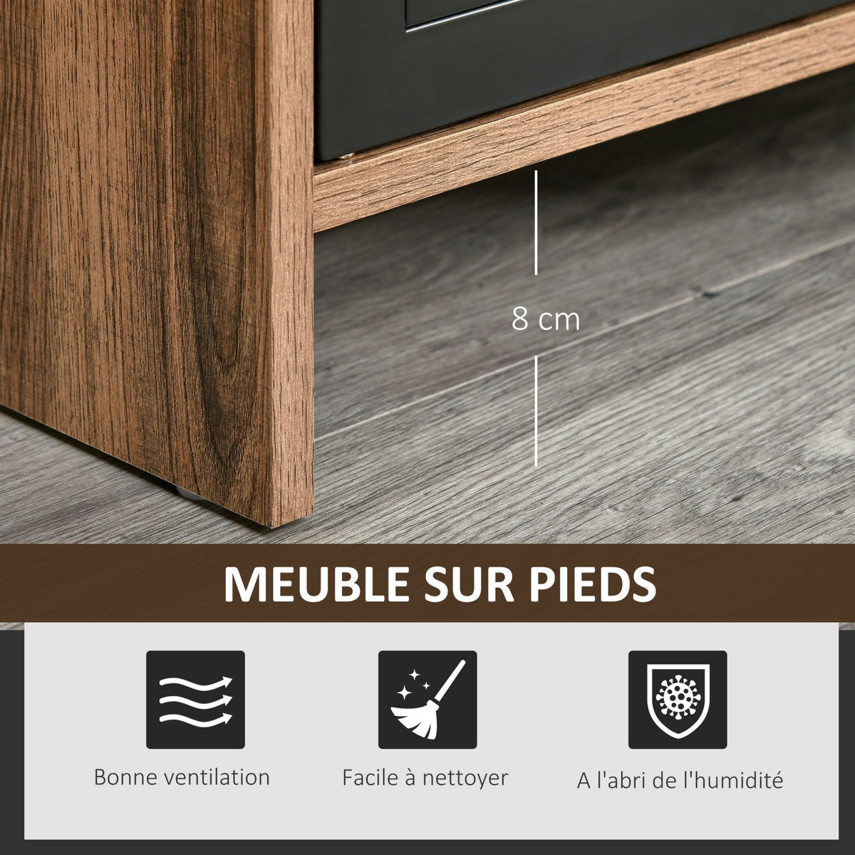 HOMCOM Meuble TV banc TV design industriel - 2 placards, 2 niches, 2 passe-fils - panneaux particules aspect bois veinage portes métal noir